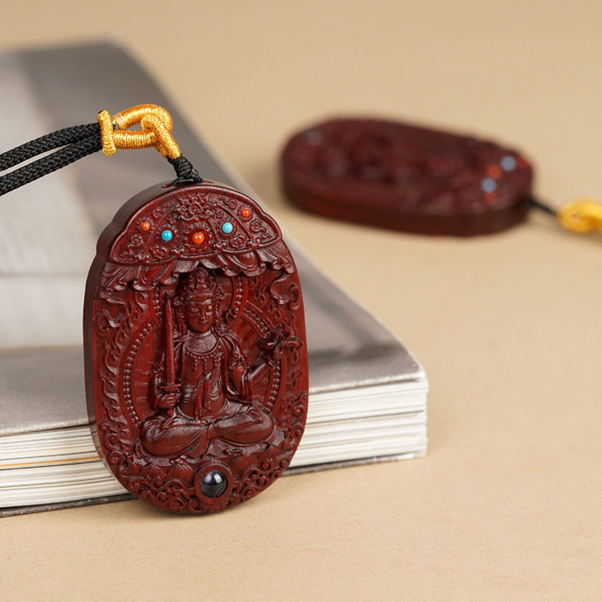 QiLing Aura Hand-Carved Purple Sandalwood Guardian Buddha Pendant Necklace