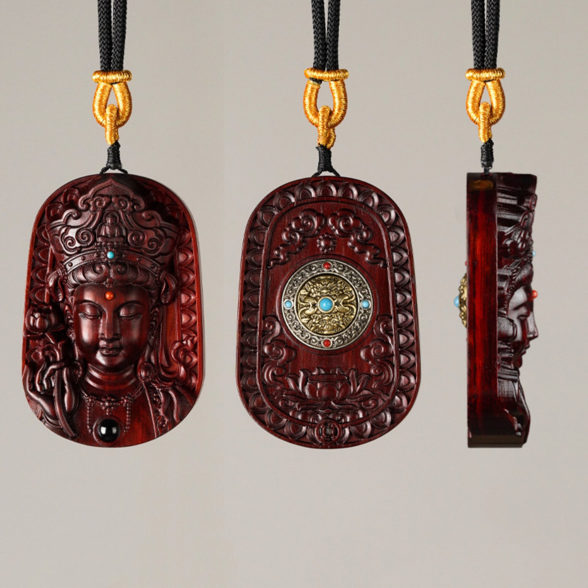 QiLing Aura Hand-Carved Sandalwood Guanyin Buddha Pendant Necklace