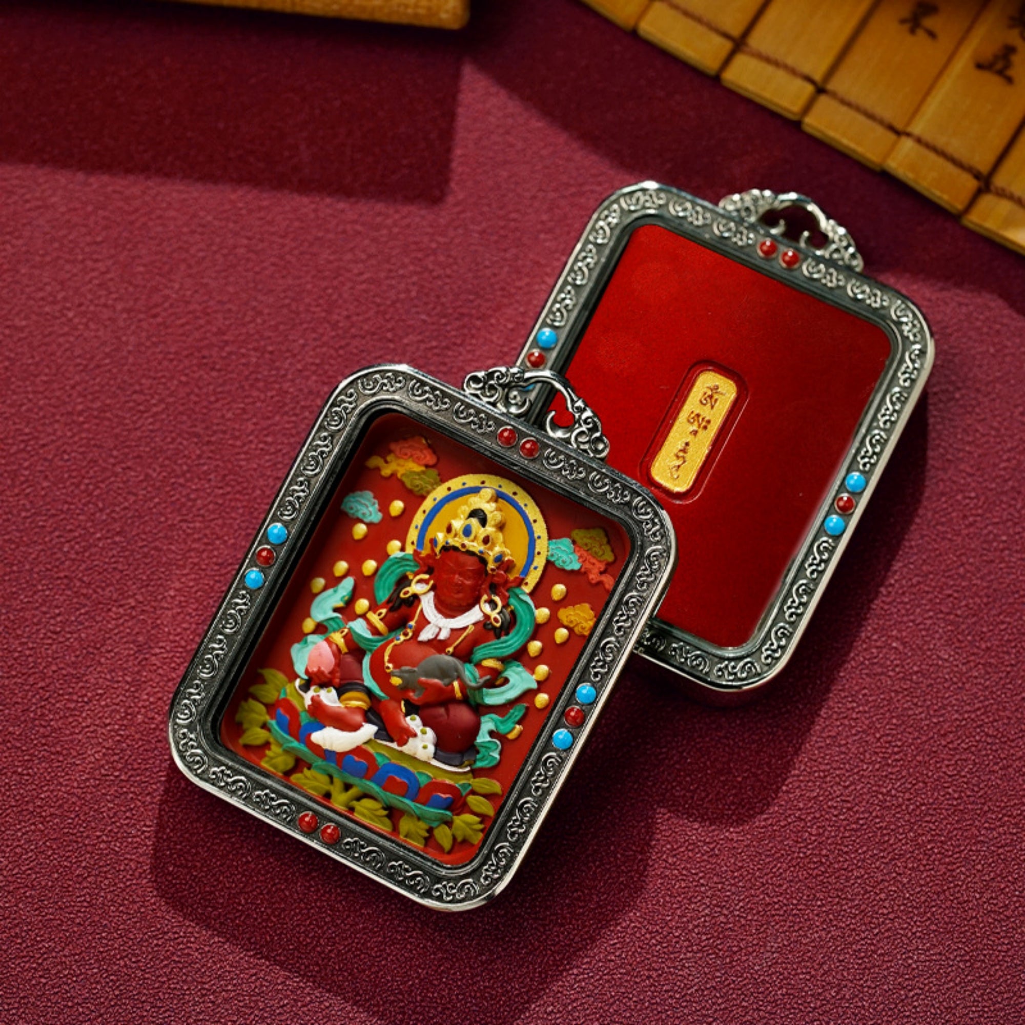 QiLing Aura Hand-Painted White Copper Tibetan Buddhist Pendant Necklace with Cinnabar