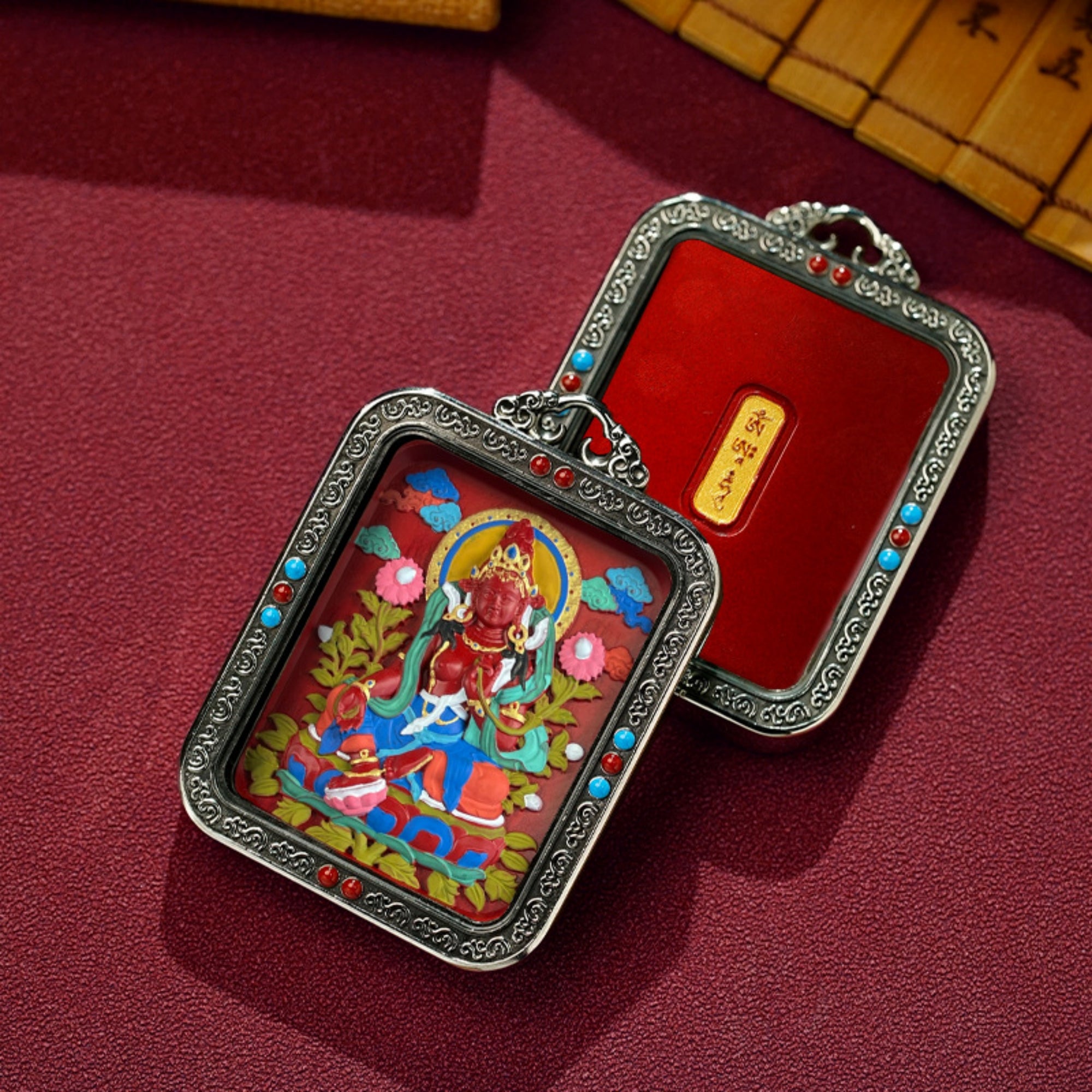 QiLing Aura Hand-Painted White Copper Tibetan Buddhist Pendant Necklace with Cinnabar