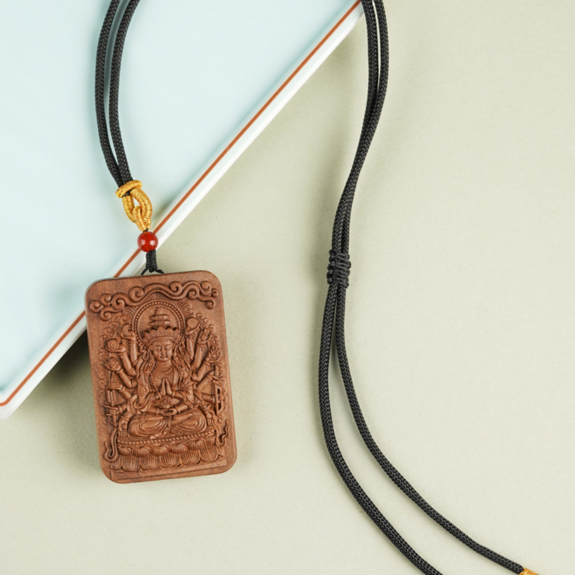 QiLing Aura Sandalwood Hand-Carved Thousand-Armed Guanyin Buddha Pendant Necklace