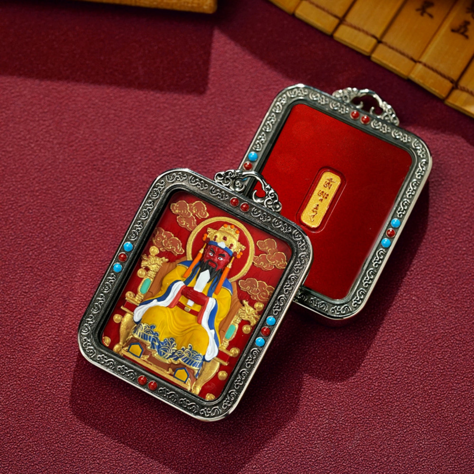 QiLing Aura Hand-Painted White Copper Tibetan Buddhist Pendant Necklace with Cinnabar