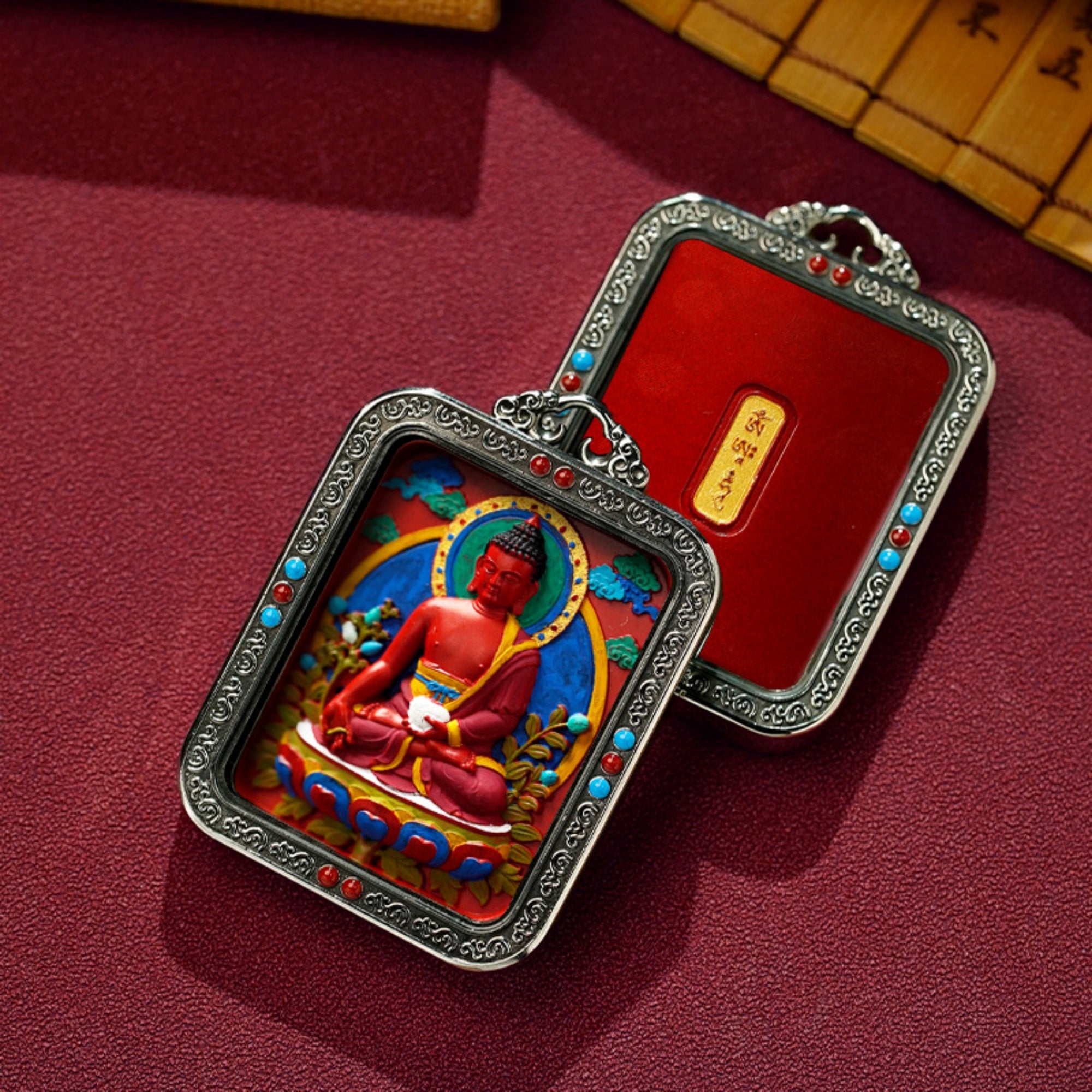QiLing Aura Hand-Painted White Copper Tibetan Buddhist Pendant Necklace with Cinnabar