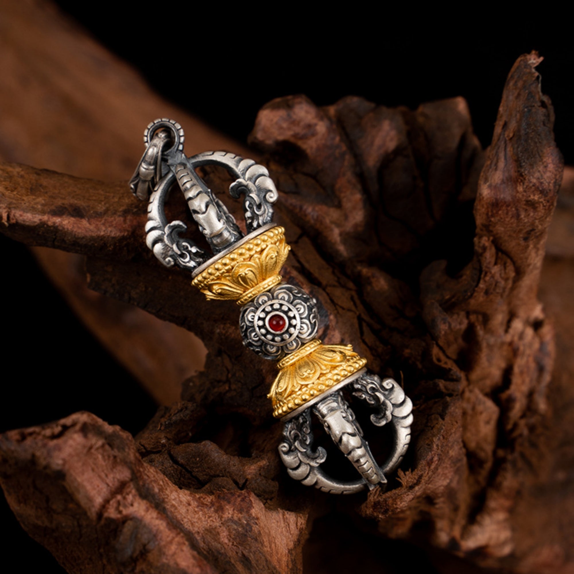 Tibetan Buddhist Vajra Ruby Sterling Silver Pendant