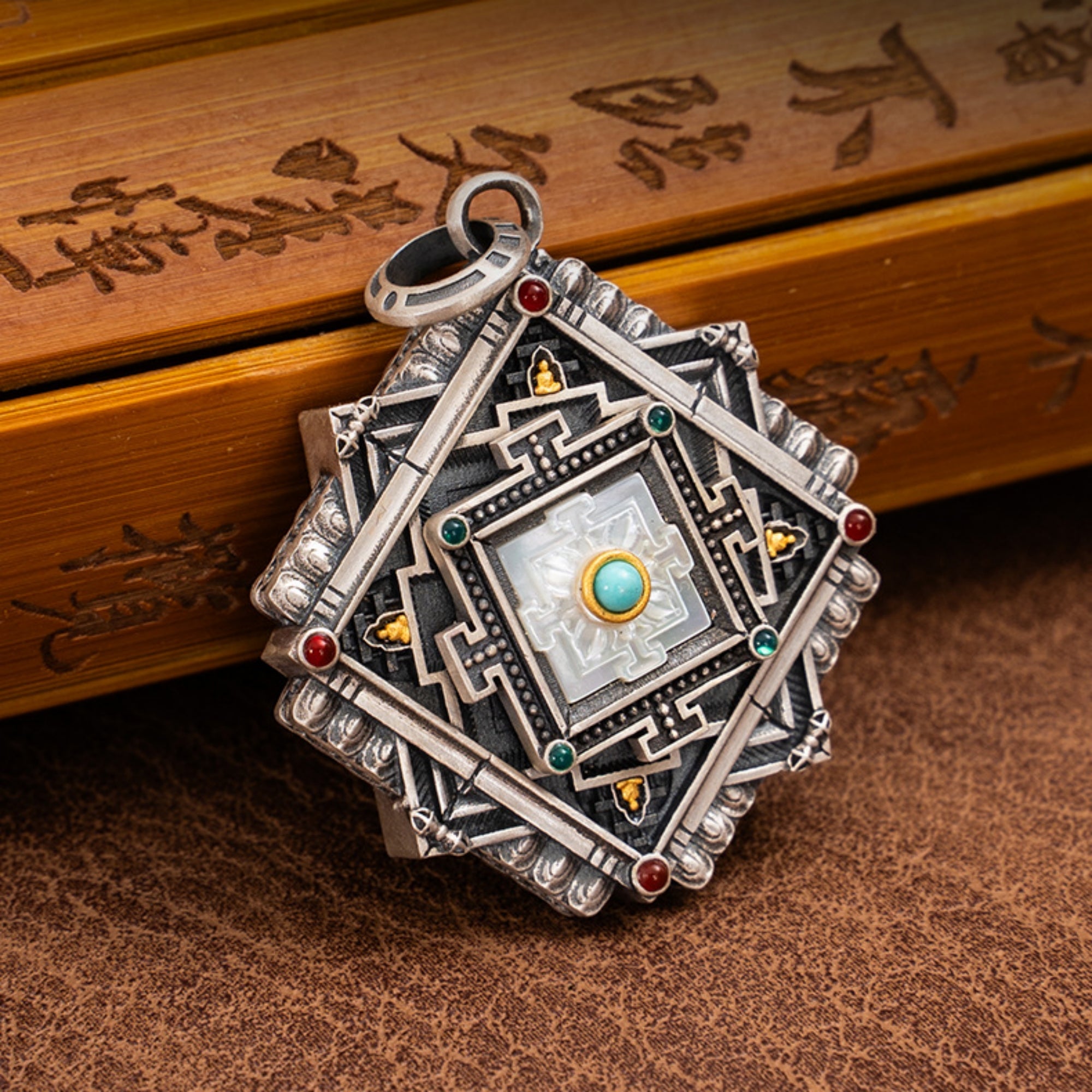 Tibetan Turquoise Mandala Rotating Sterling Silver Pendant Necklace