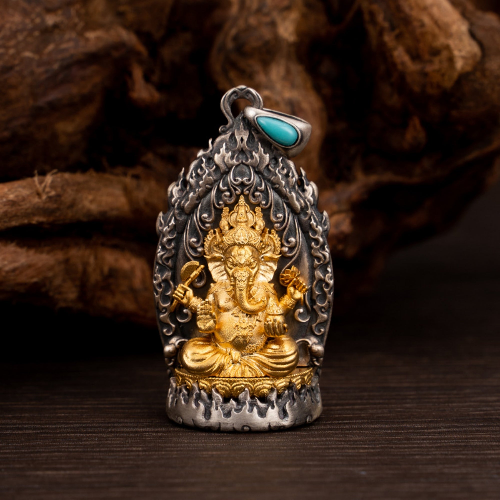 Tibetan Buddhist Ganesha Turquoise Sterling Silver Pendant