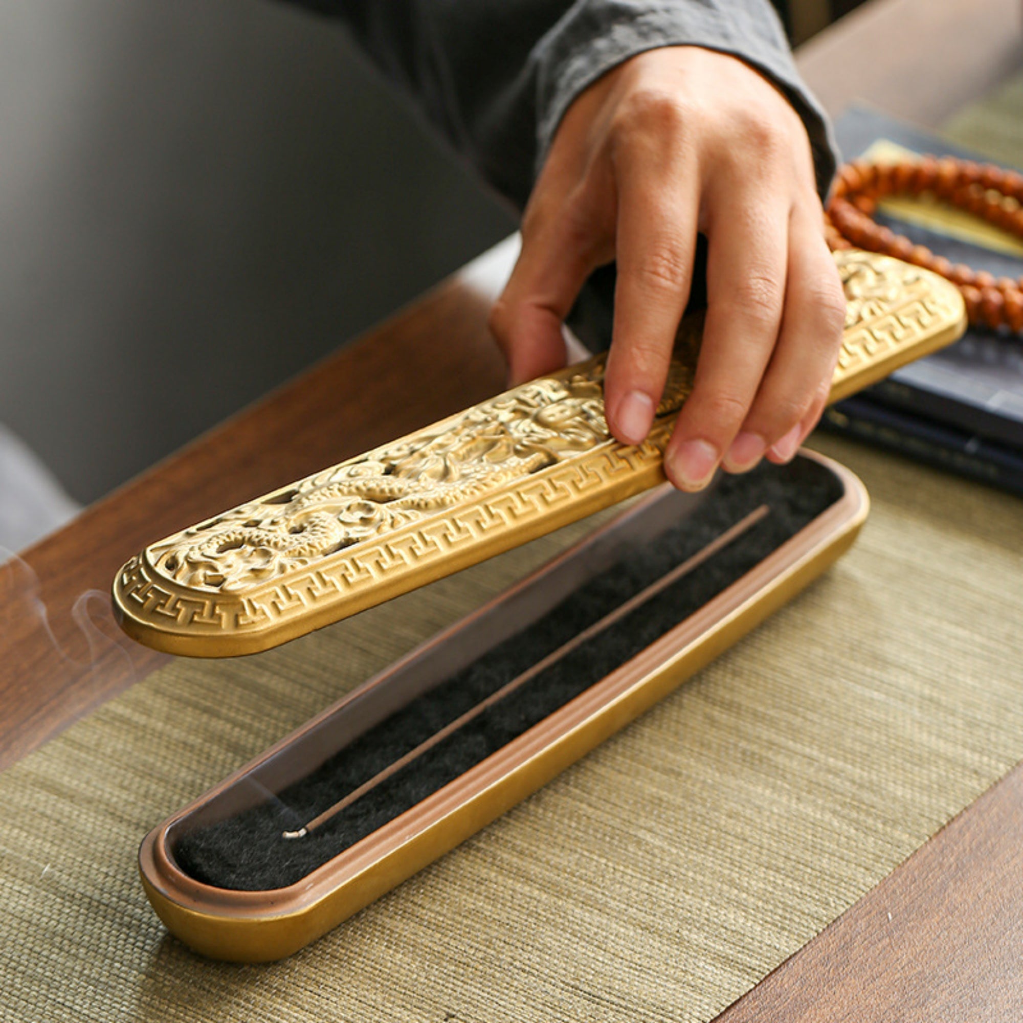 QiLing Aura Dragon Carved Incense Holder Box