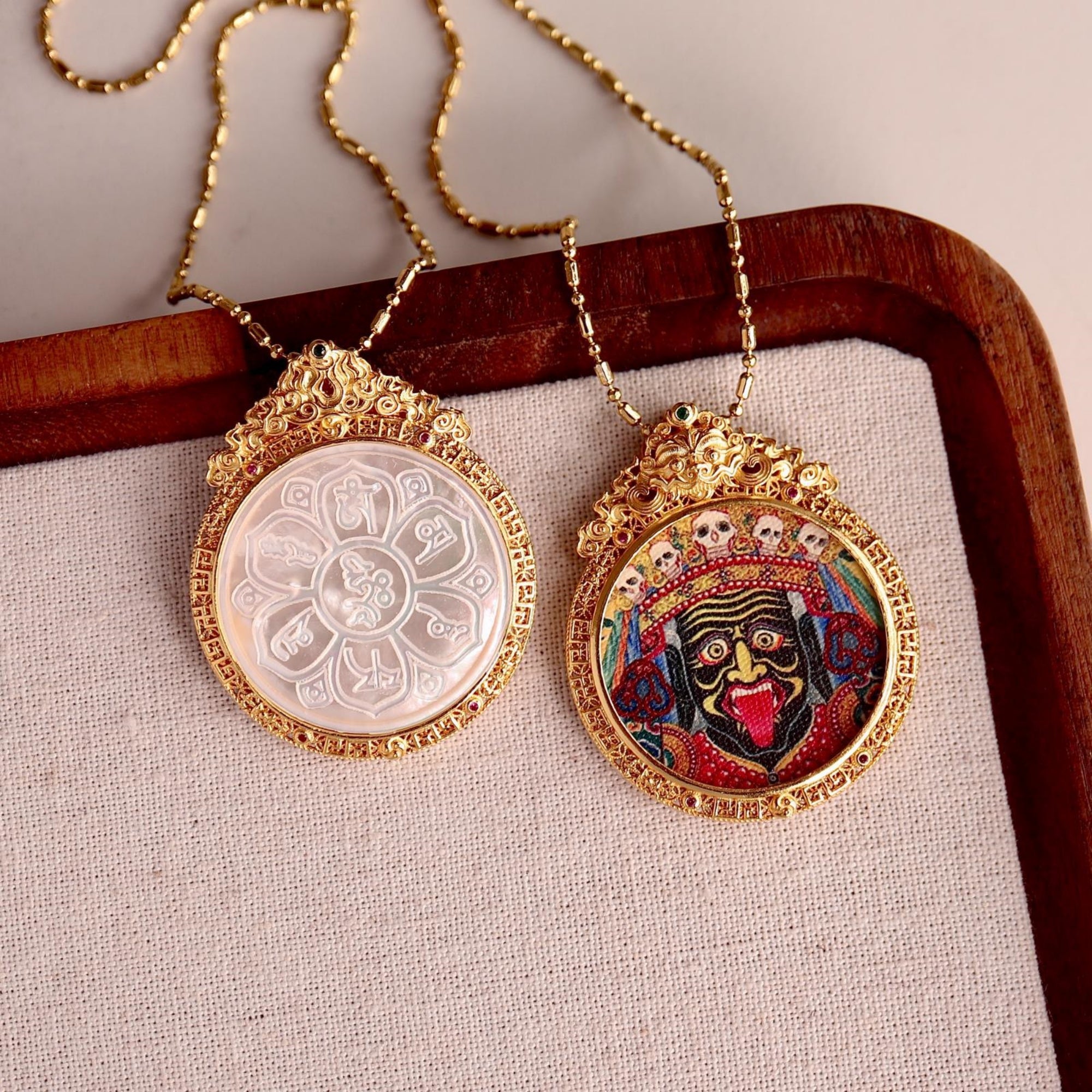 Tibetan Hand-Painted Zakiram Thangka Pendant Necklace with Silver & Mother-of-Pearl