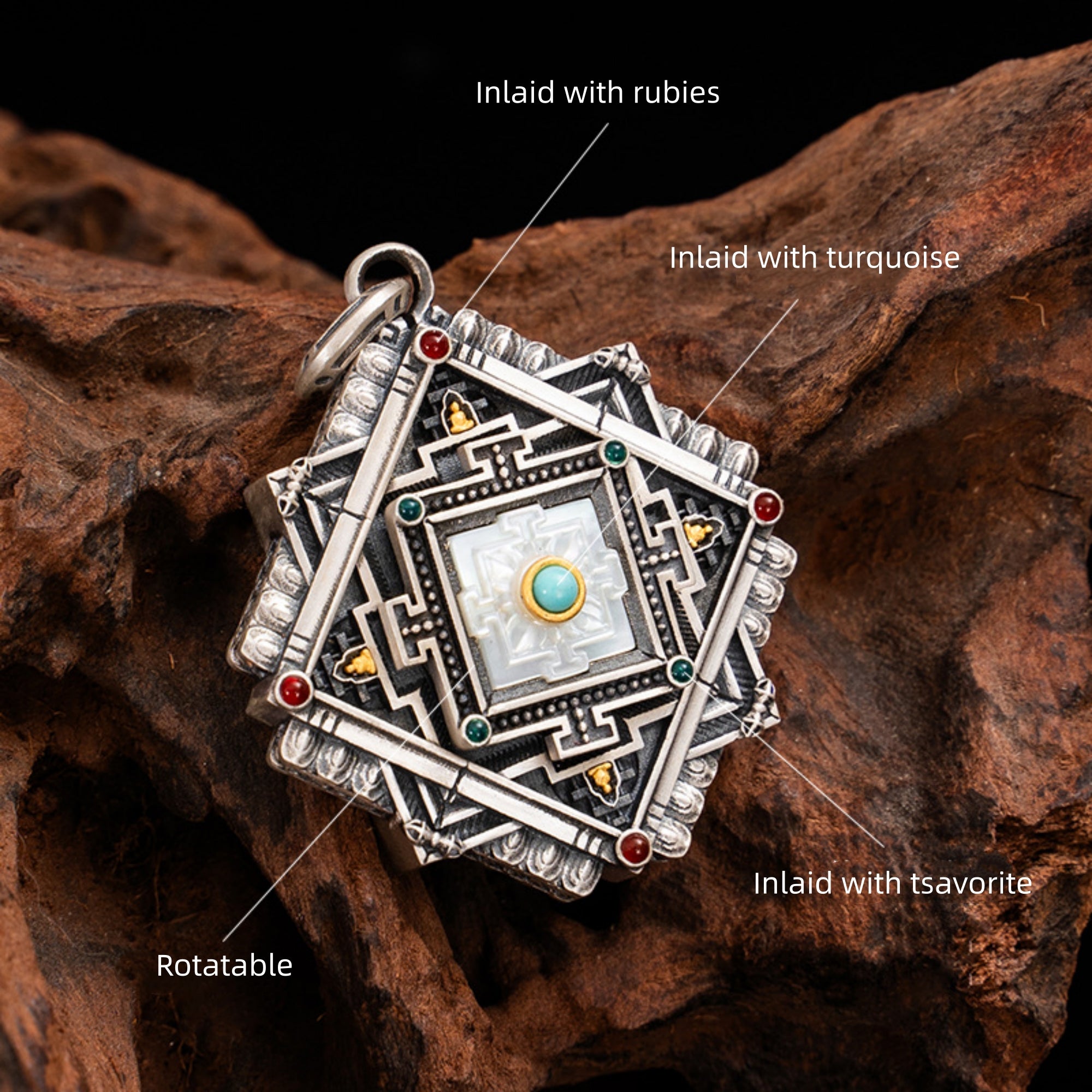 Tibetan Turquoise Mandala Rotating Sterling Silver Pendant Necklace