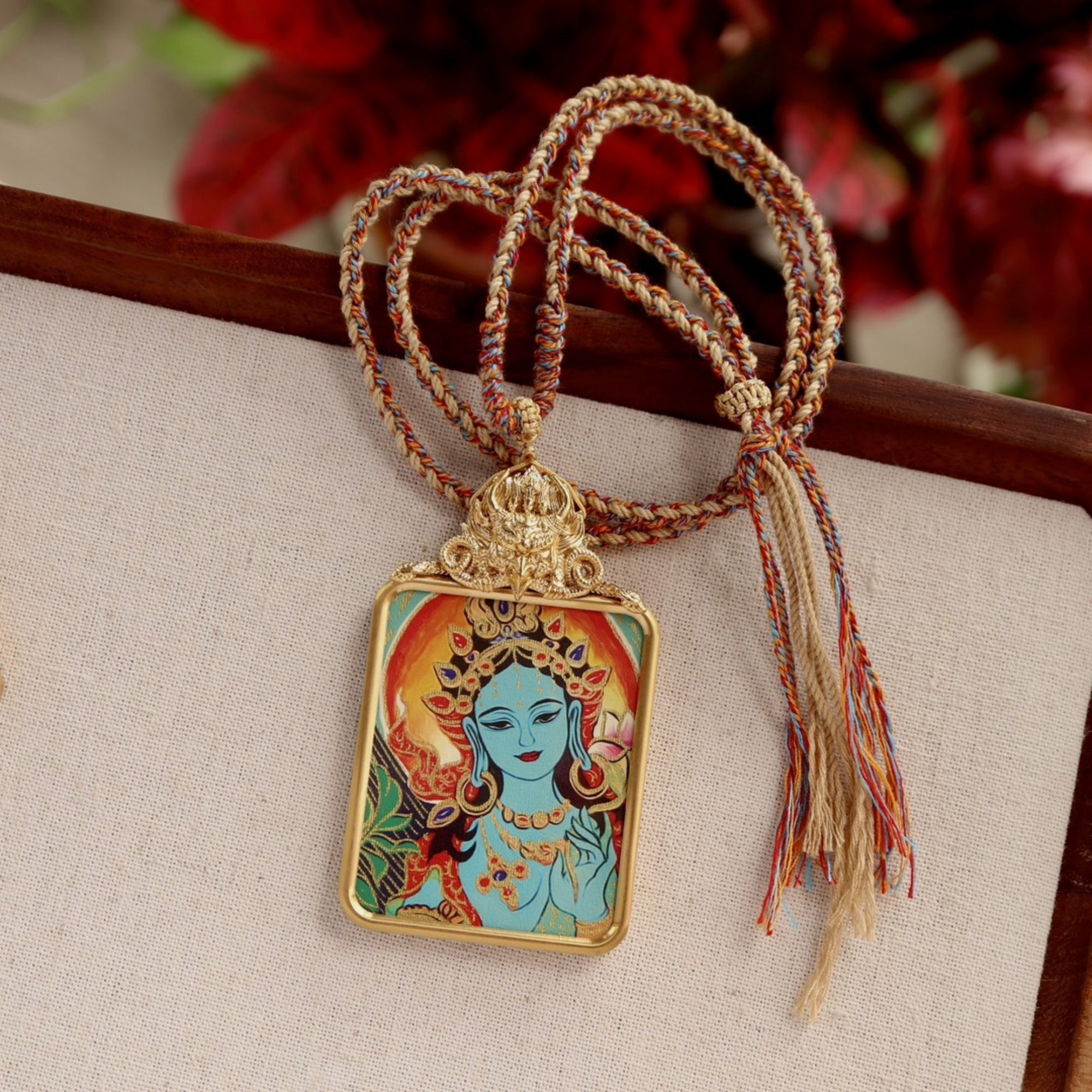 Tibetan Hand-Painted Green Tara Thangka Pendant Necklace with Potala Palace Design