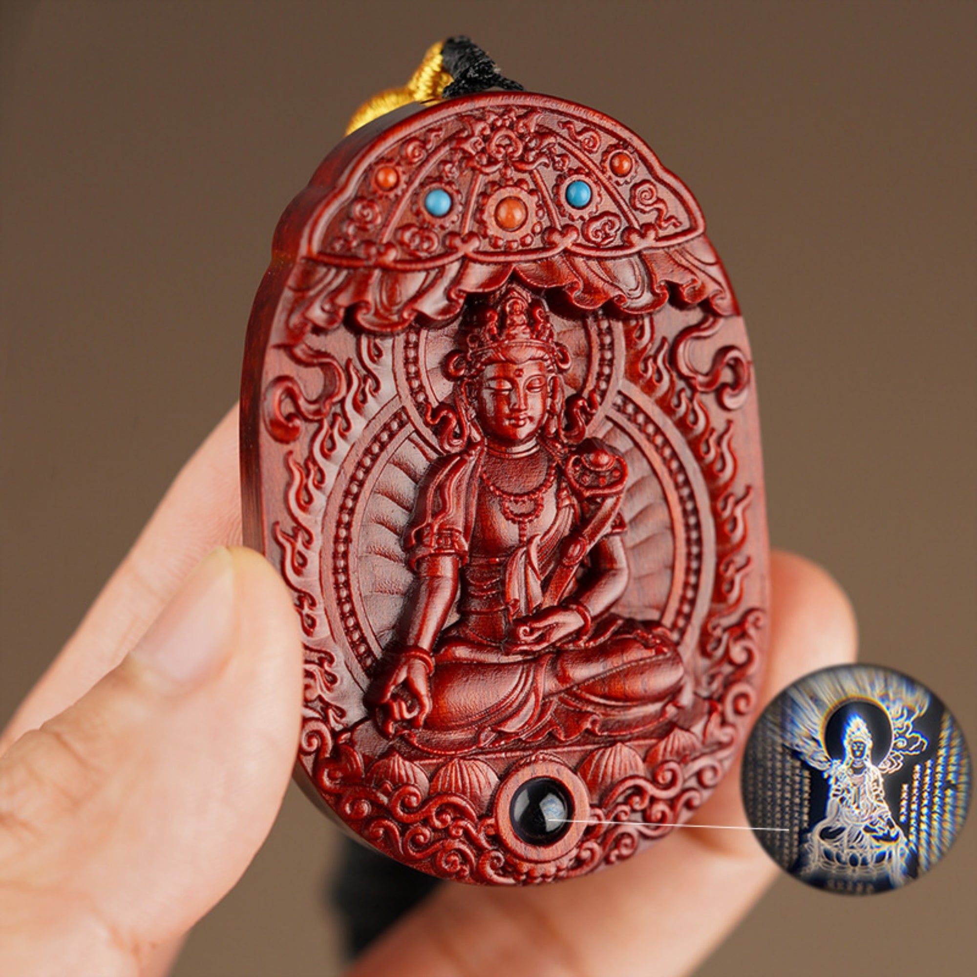 QiLing Aura Hand-Carved Purple Sandalwood Guardian Buddha Pendant Necklace