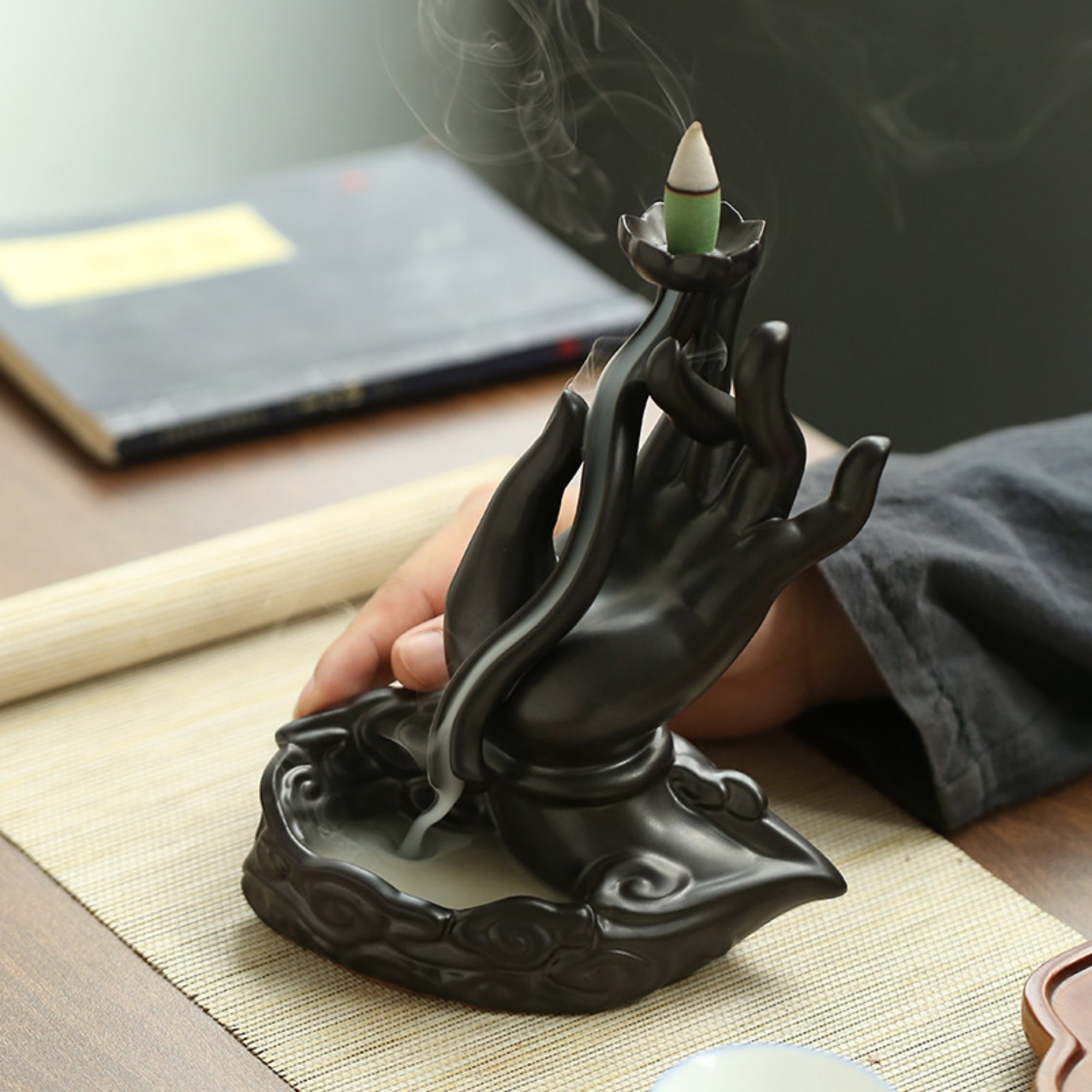 QiLing Aura Buddha Hand Holding Lotus Ceramic Backflow Incense Burner