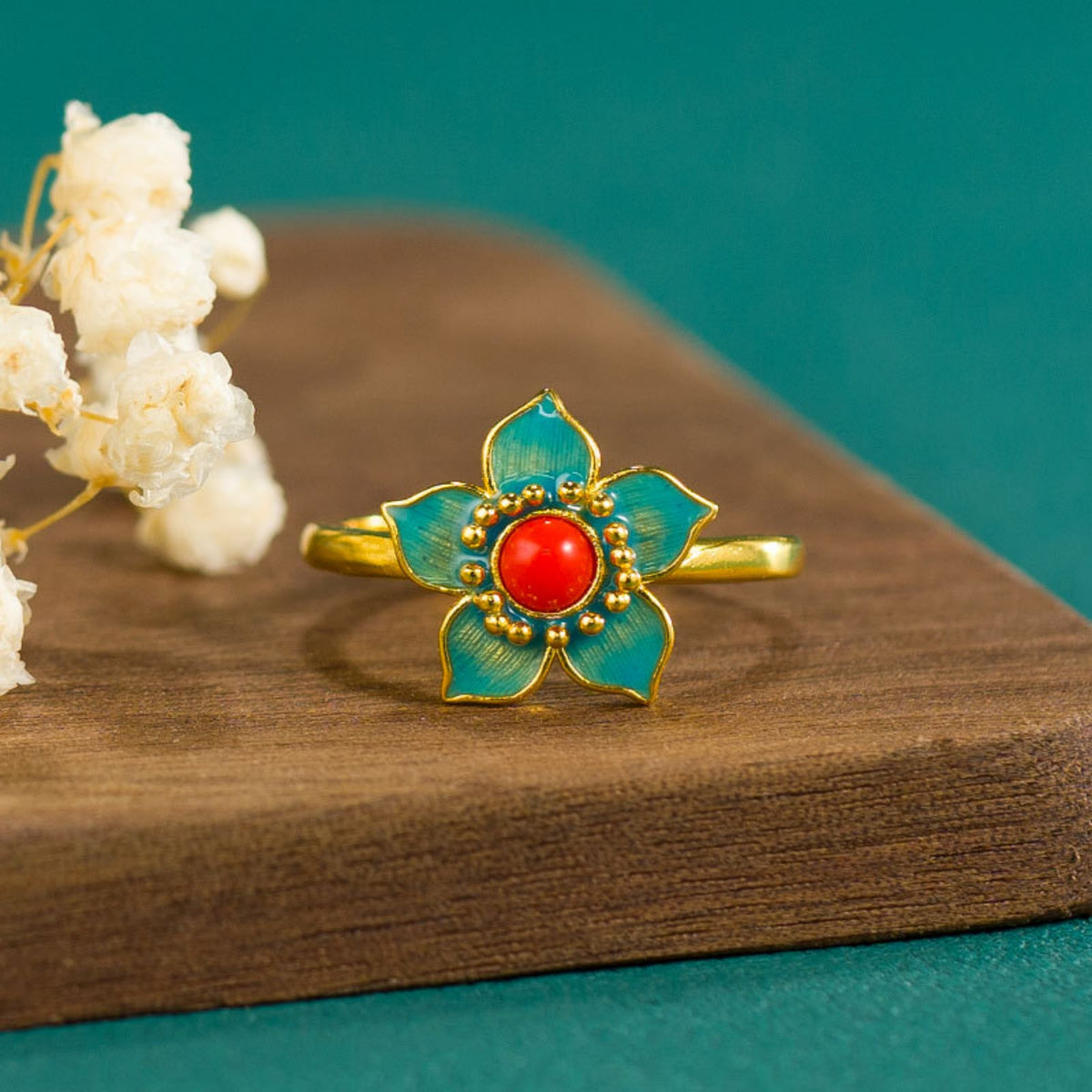 QiLing Aura Adjustable Gold-Plated Silver Hanfu Ring with Enamel Inlay