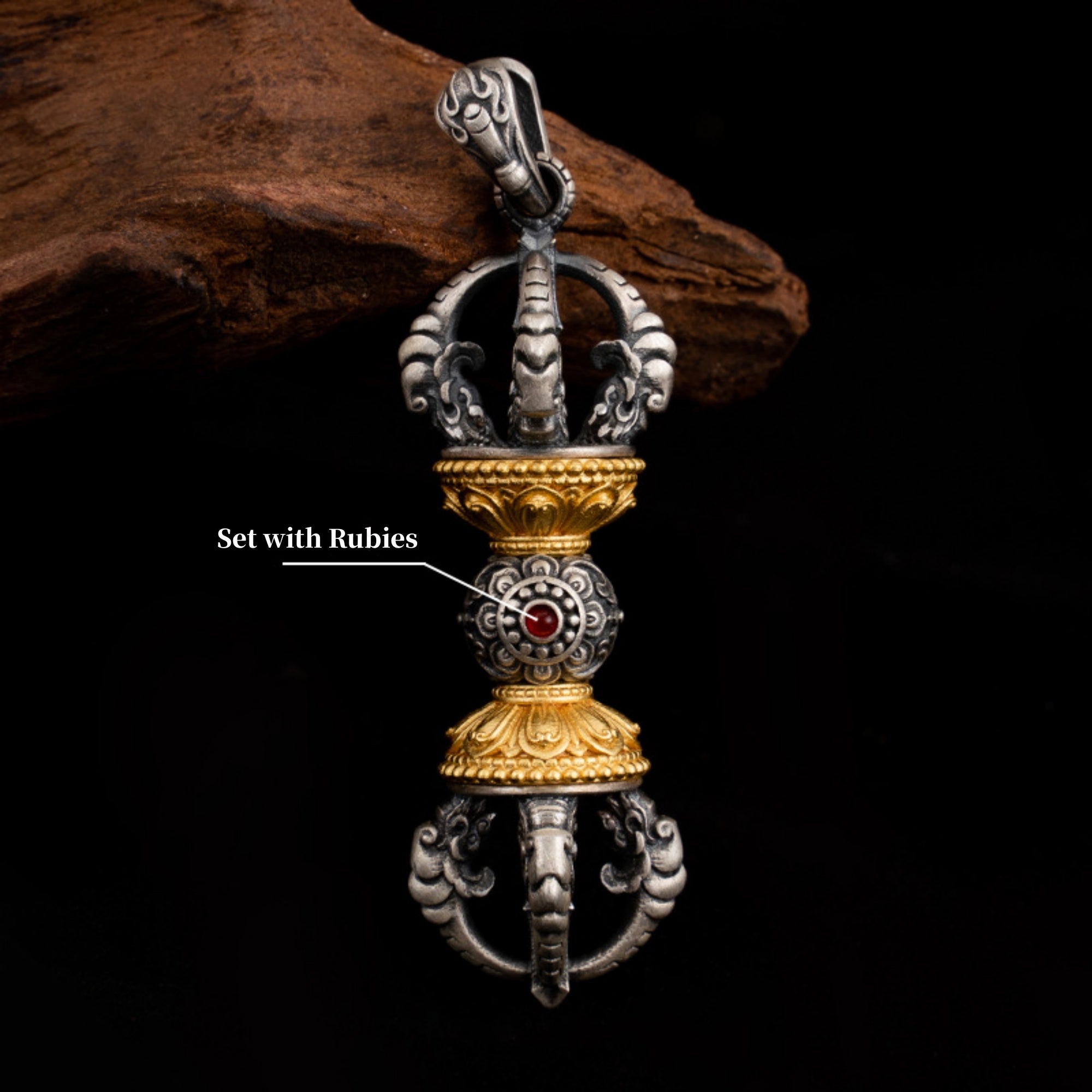 Tibetan Buddhist Vajra Ruby Sterling Silver Pendant