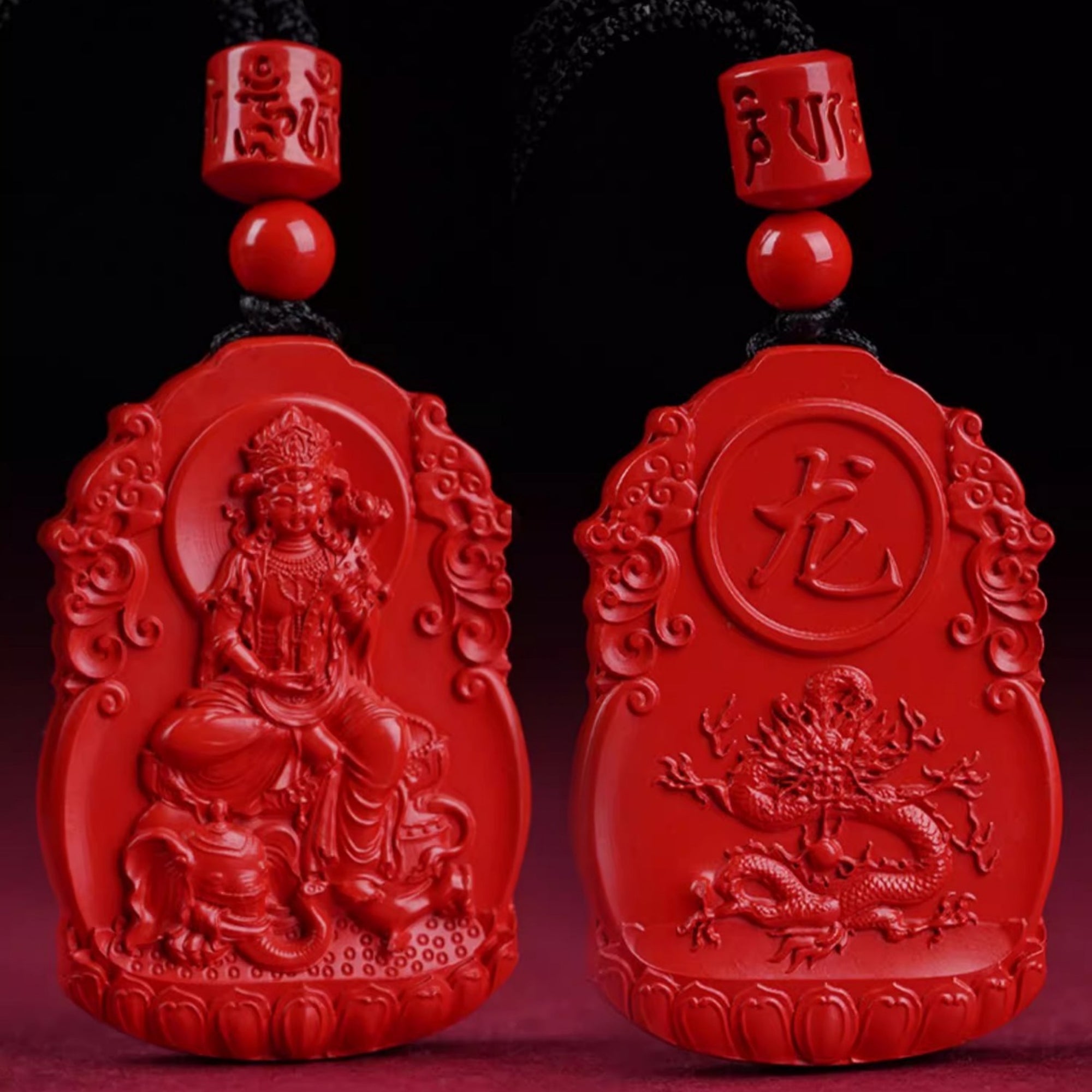 QiLing Aura Hand-Carved Zodiac Buddha Pendant Necklace in Cinnabar