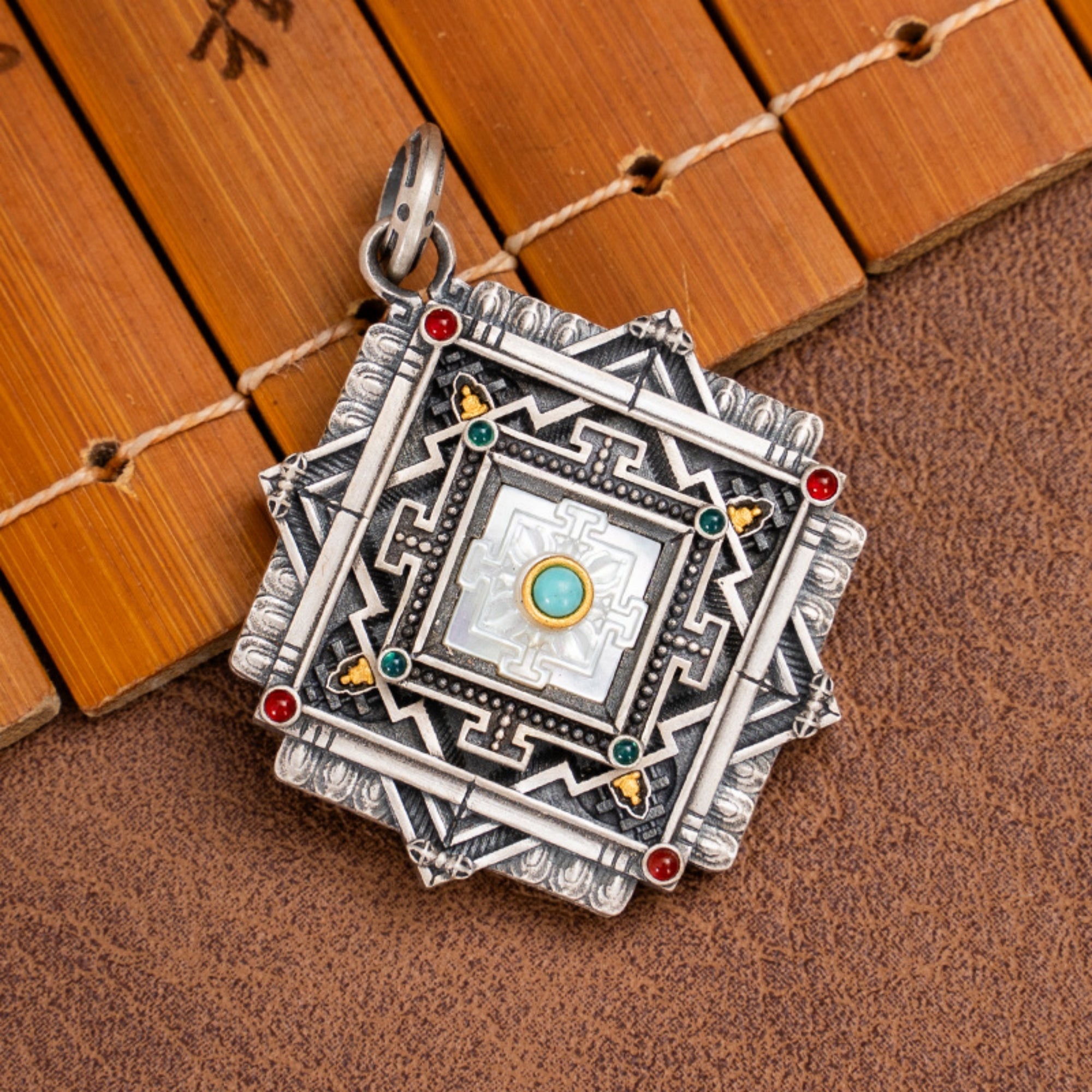 Tibetan Turquoise Mandala Rotating Sterling Silver Pendant Necklace