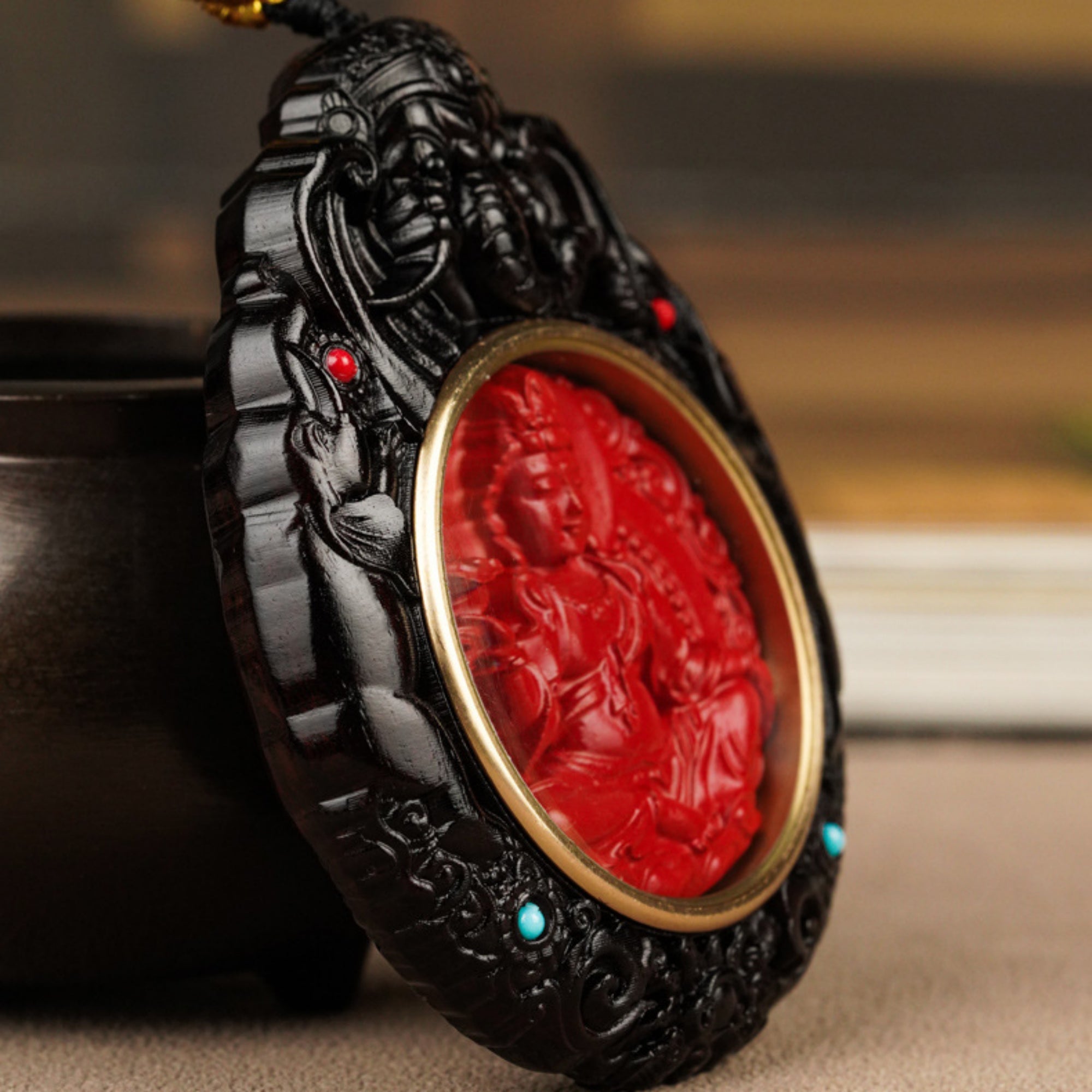 QiLing Aura Hand-Carved Black Sandalwood and Cinnabar Guardian Buddha Pendant Necklace