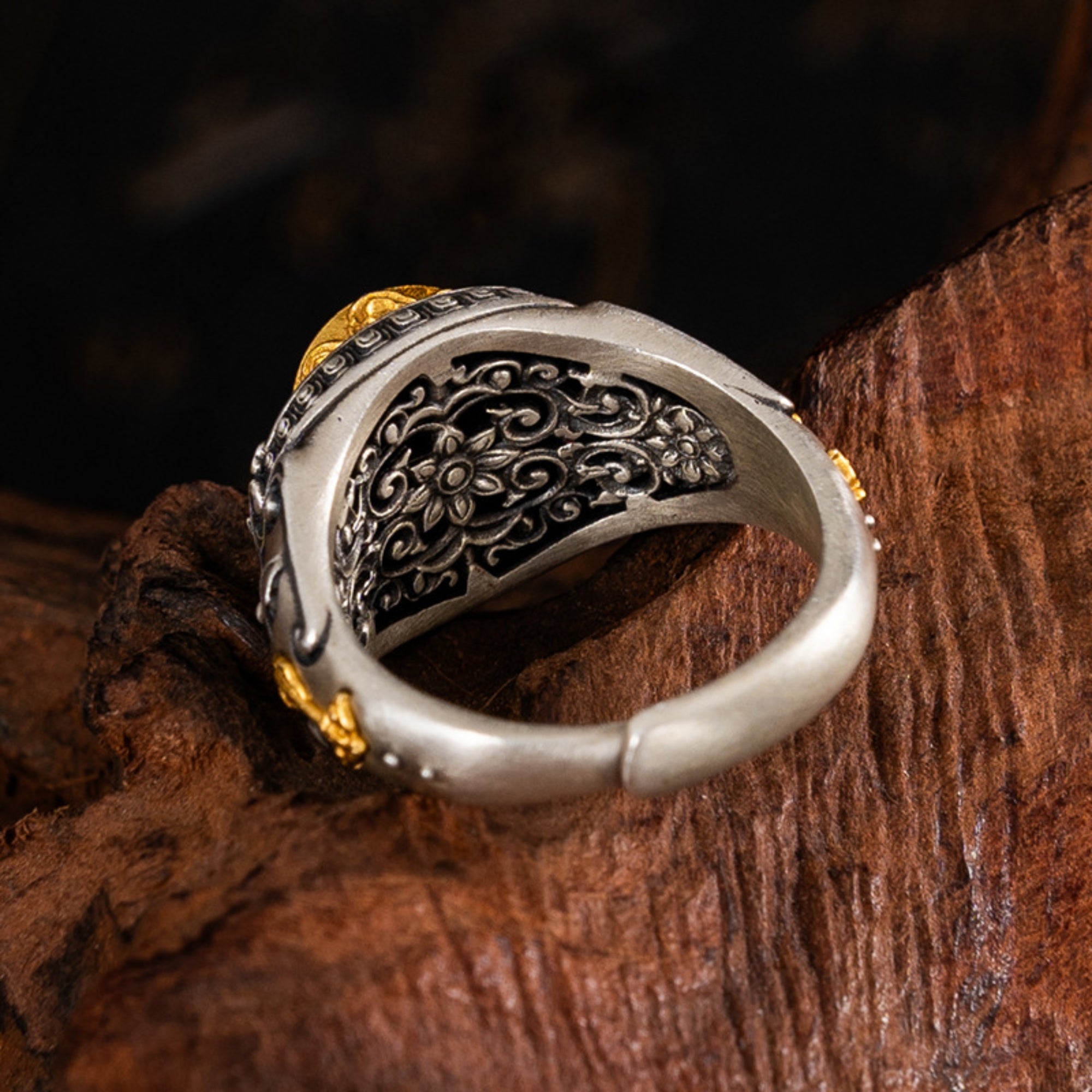 Tibetan Manjushri Dzi Bead Sterling Silver Adjustable Ring