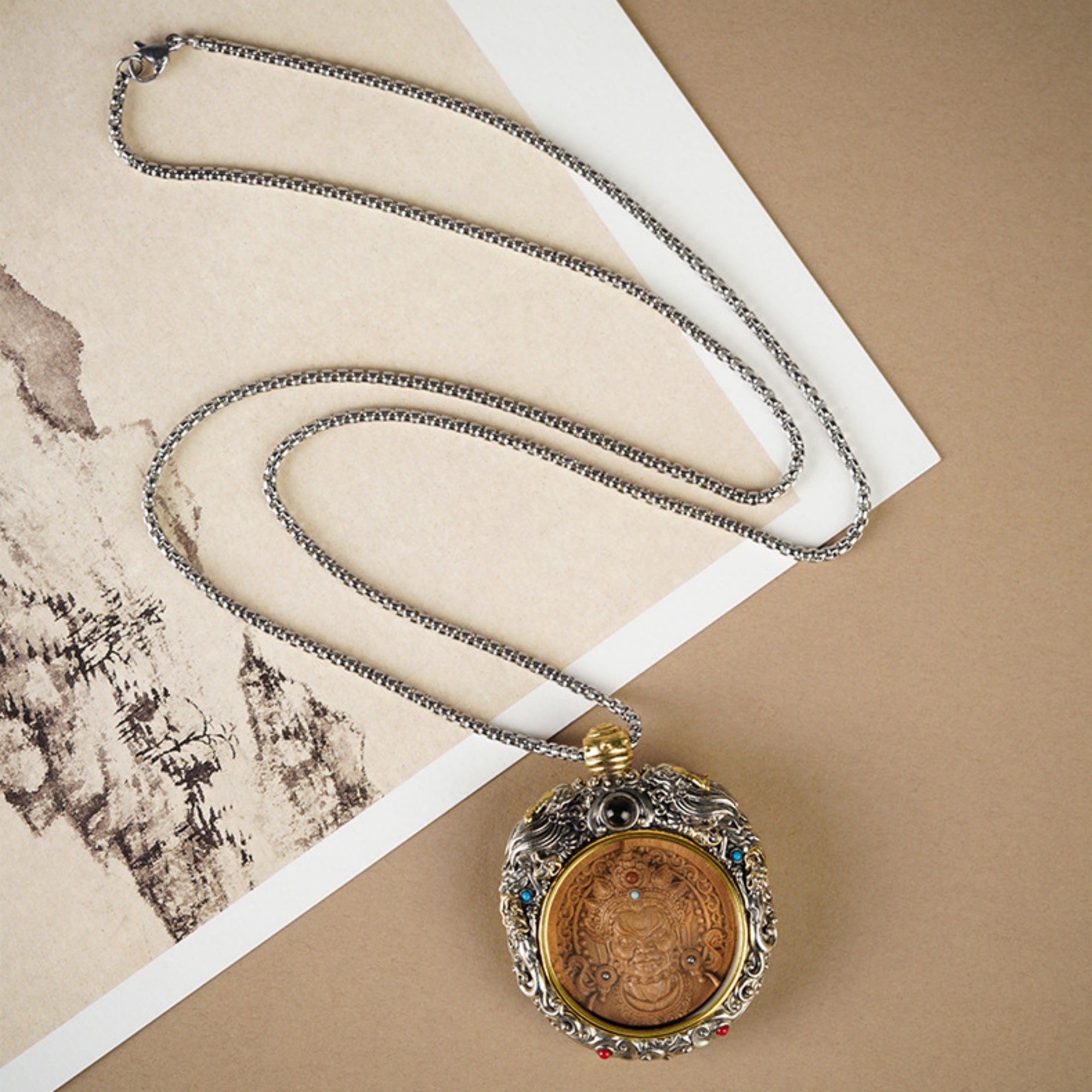 QiLing Aura Hand-Carved White Copper and Tibetan Silver Sandalwood Buddhist Pendant