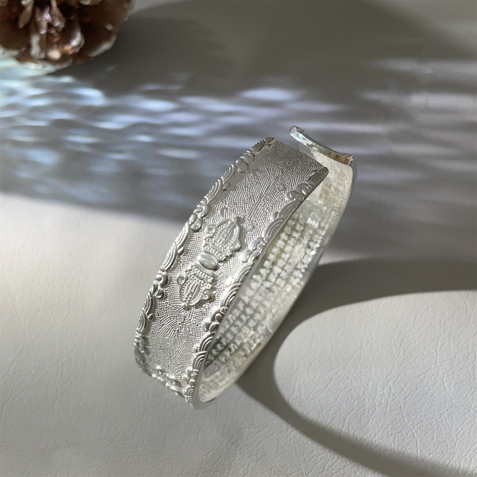 Tibetan Six-Syllable Mantra & Lotus Sutra Silver Bangle