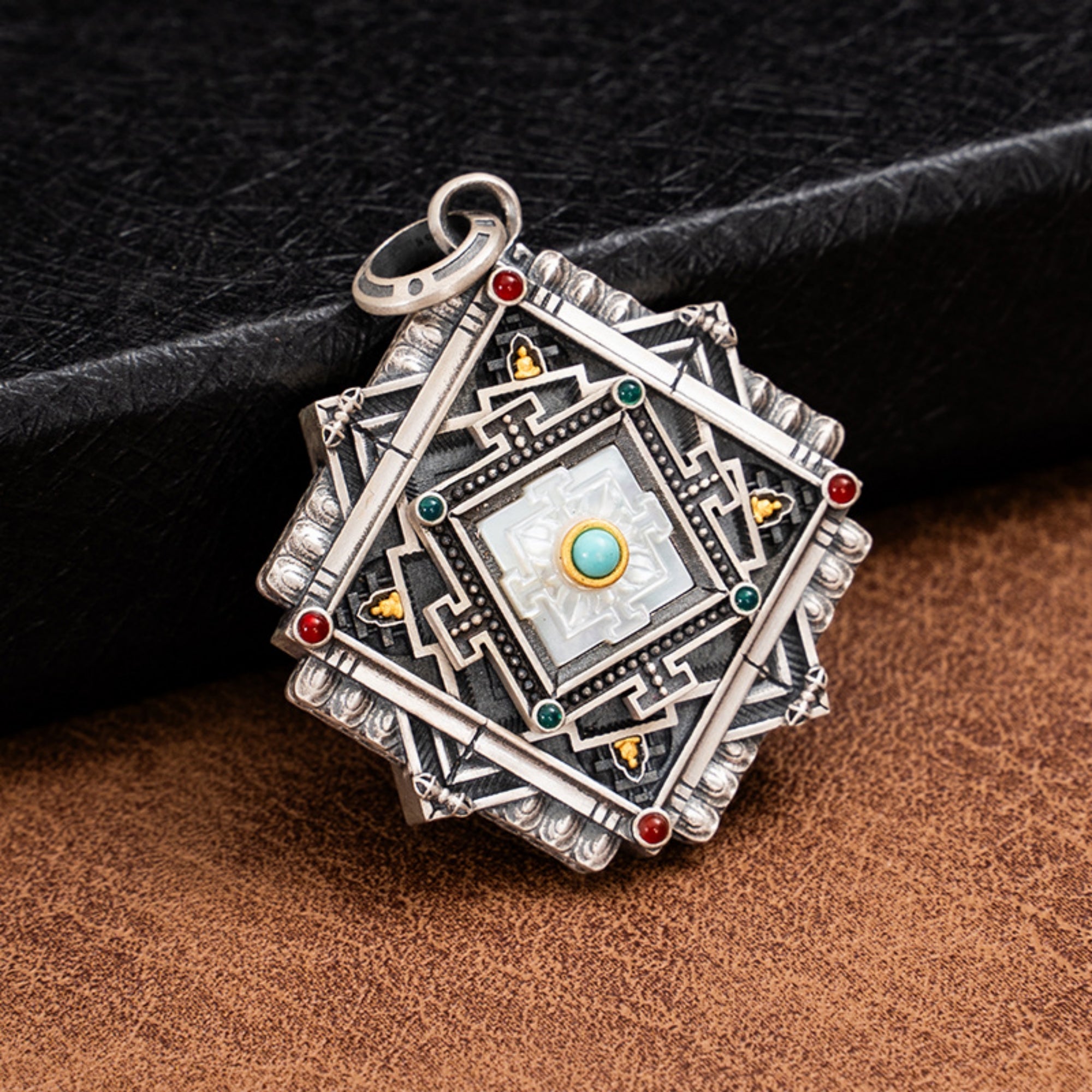 Tibetan Turquoise Mandala Rotating Sterling Silver Pendant Necklace