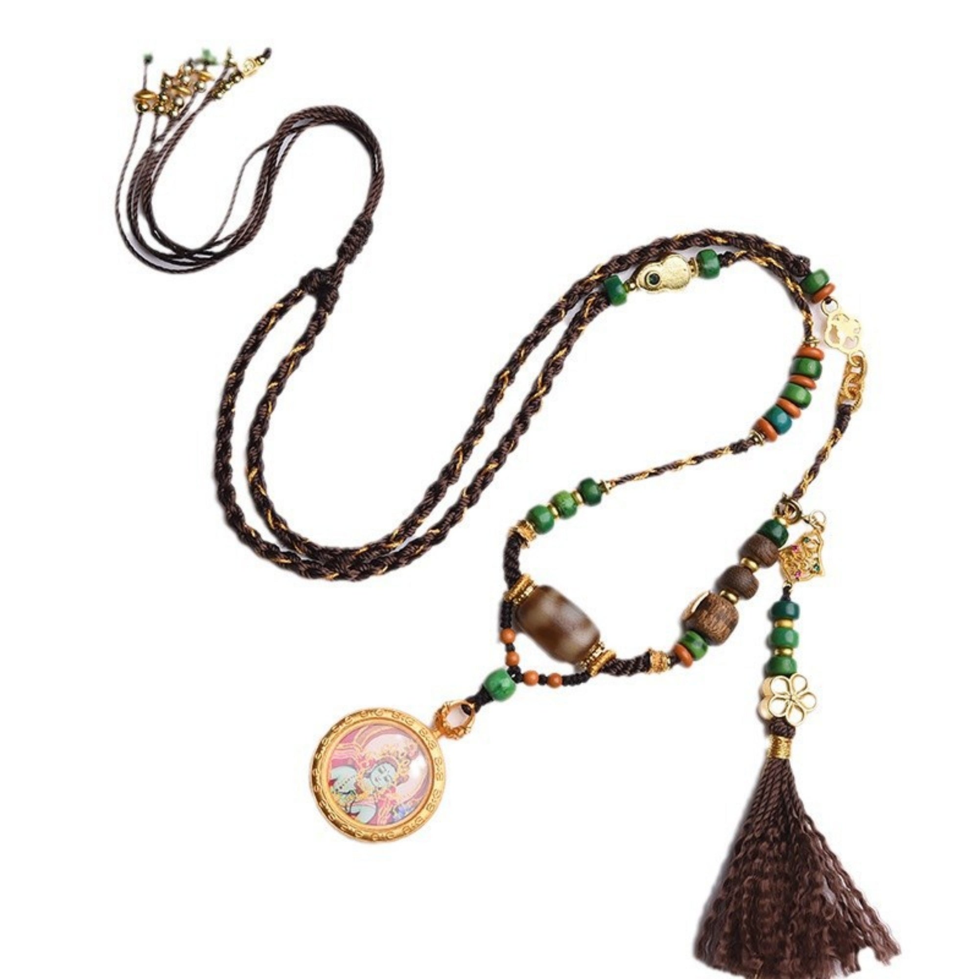 QiLing Aura Handcrafted Green Tara Thangka Necklace
