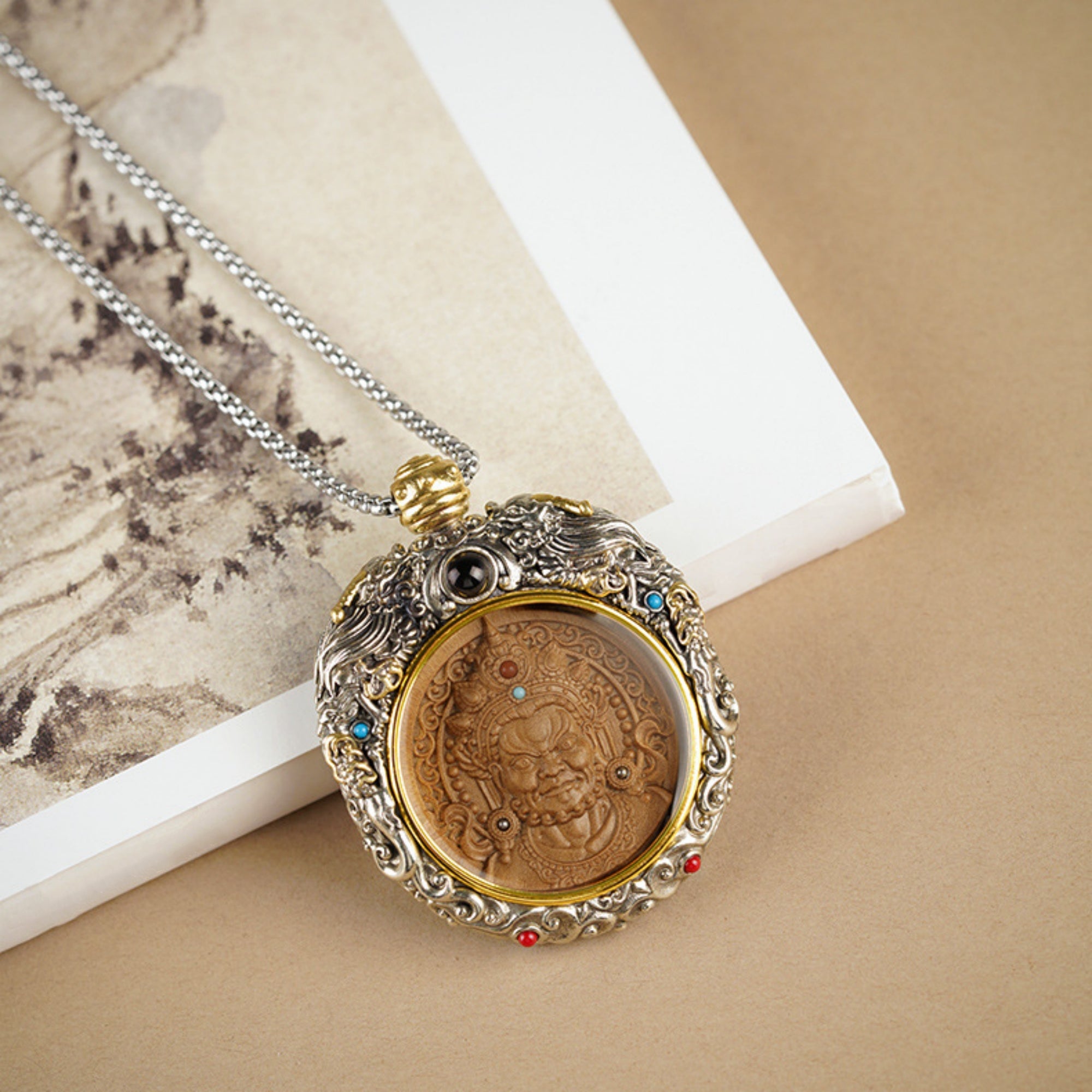 QiLing Aura Hand-Carved White Copper and Tibetan Silver Sandalwood Buddhist Pendant