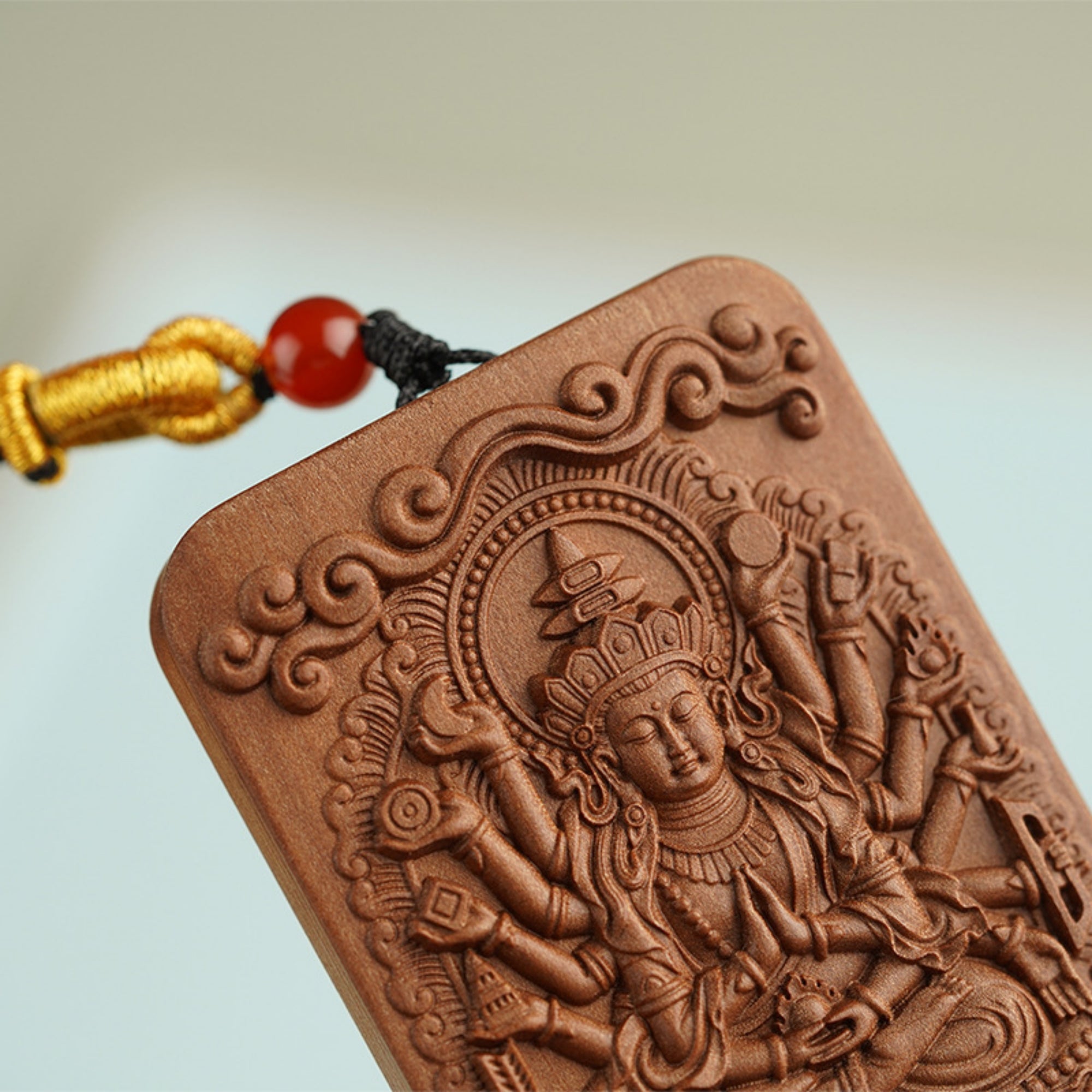 QiLing Aura Sandalwood Hand-Carved Thousand-Armed Guanyin Buddha Pendant Necklace