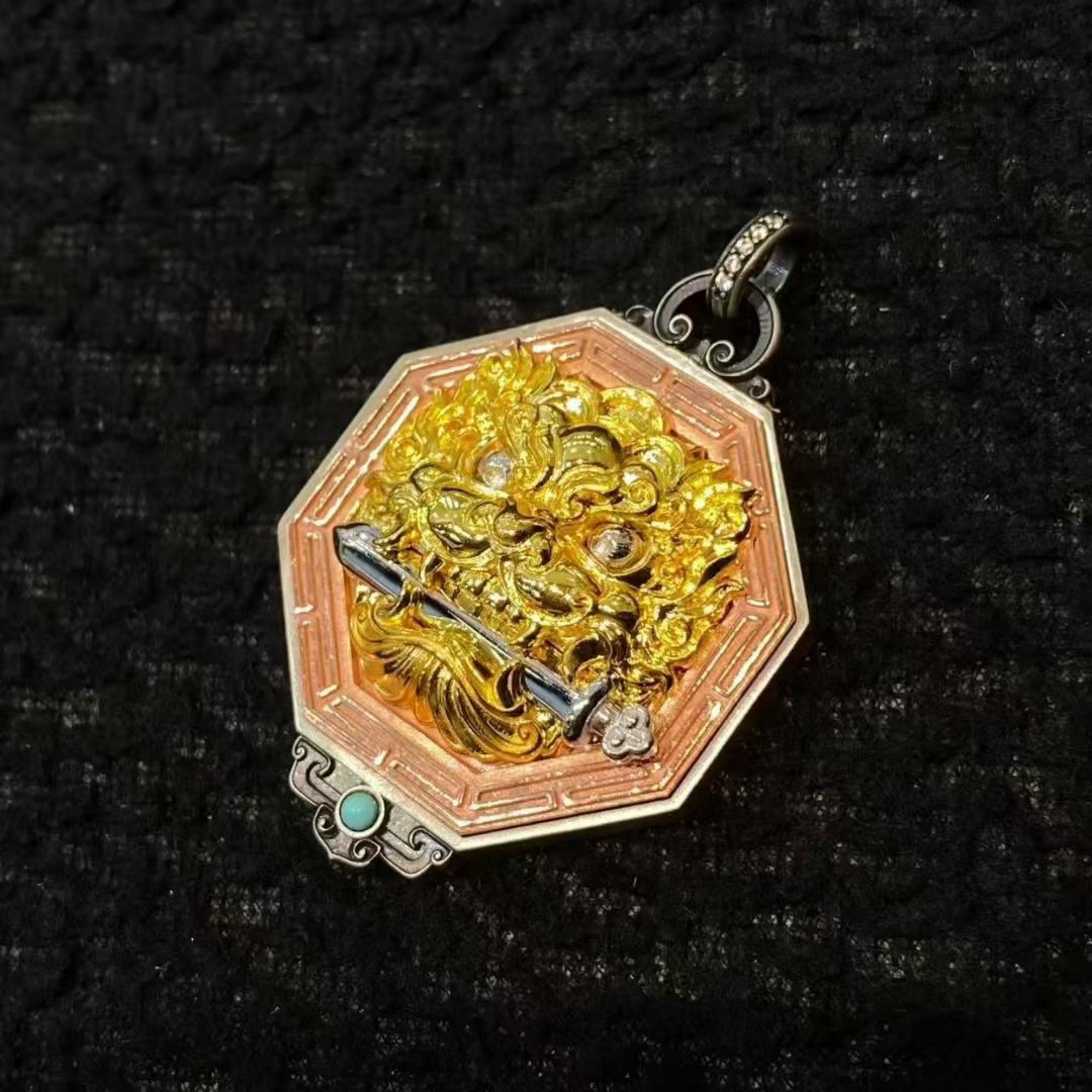 Tibetan Auspicious Lion & Sword of Wisdom Pendant Necklace