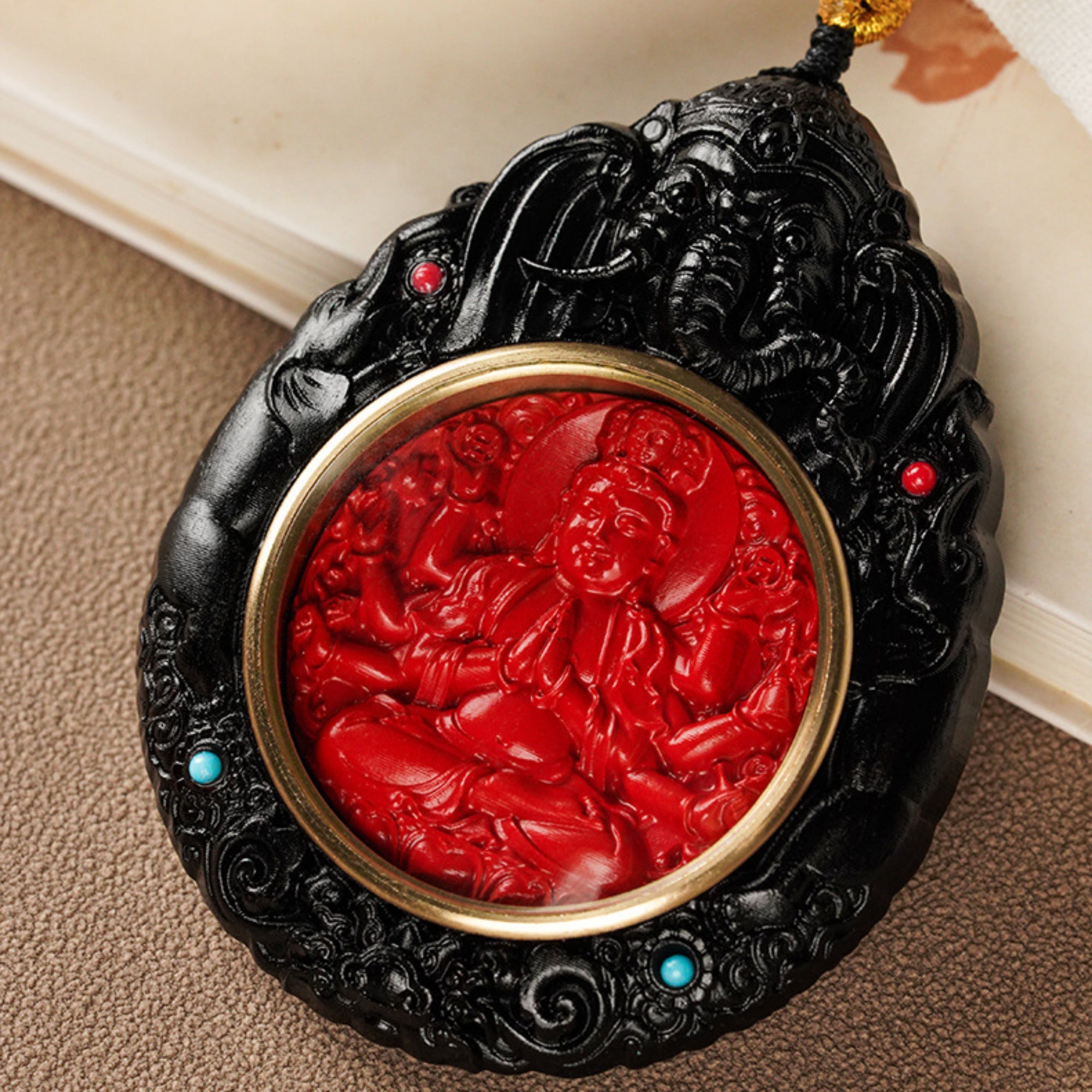 QiLing Aura Hand-Carved Black Sandalwood and Cinnabar Guardian Buddha Pendant Necklace