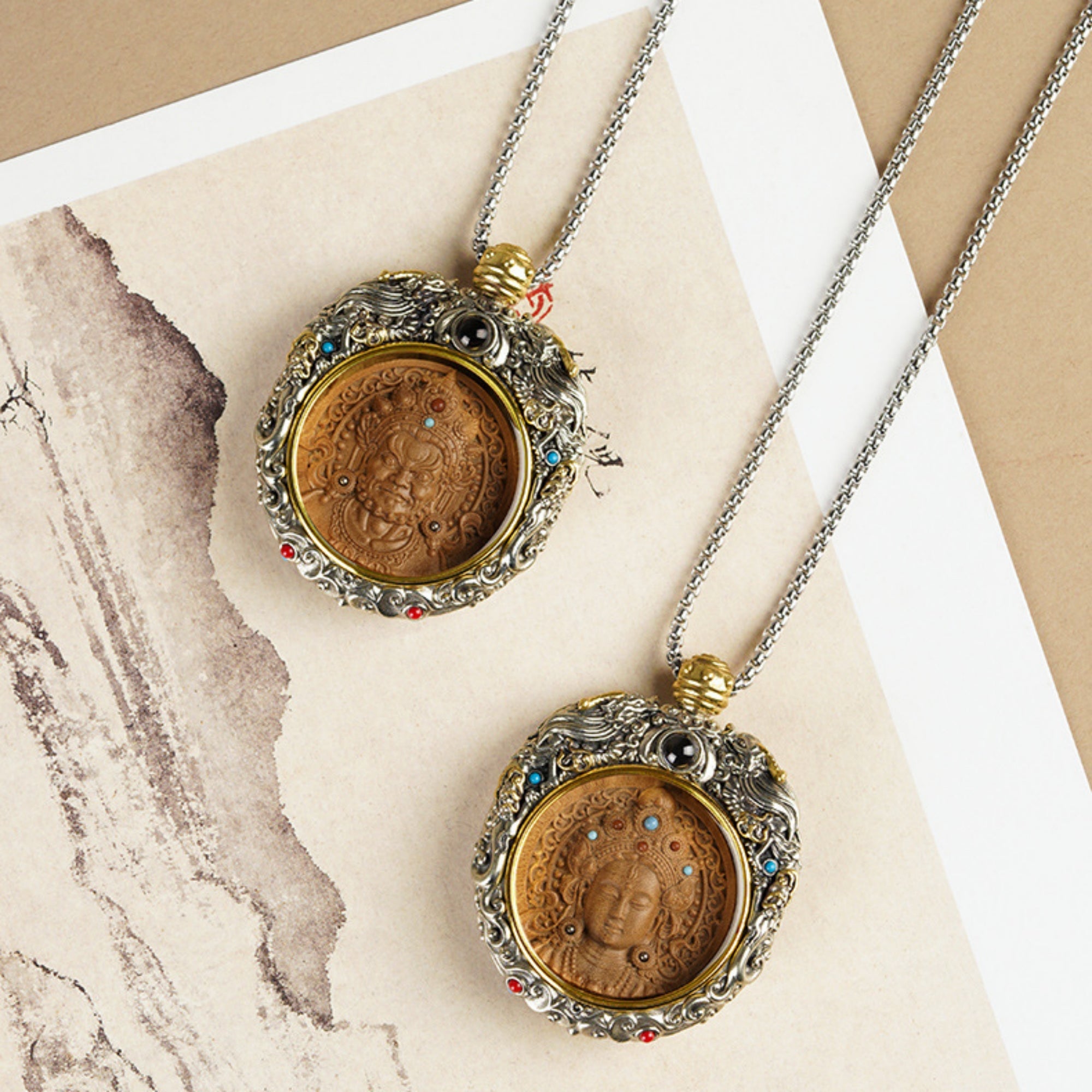 QiLing Aura Hand-Carved White Copper and Tibetan Silver Sandalwood Buddhist Pendant