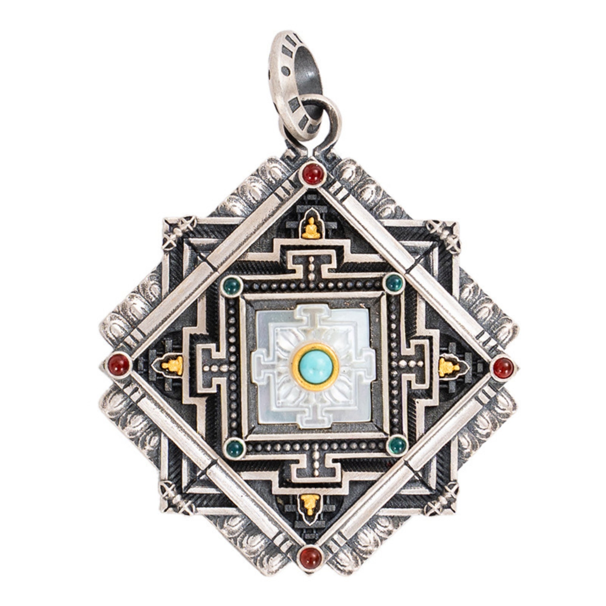 Tibetan Turquoise Mandala Rotating Sterling Silver Pendant Necklace