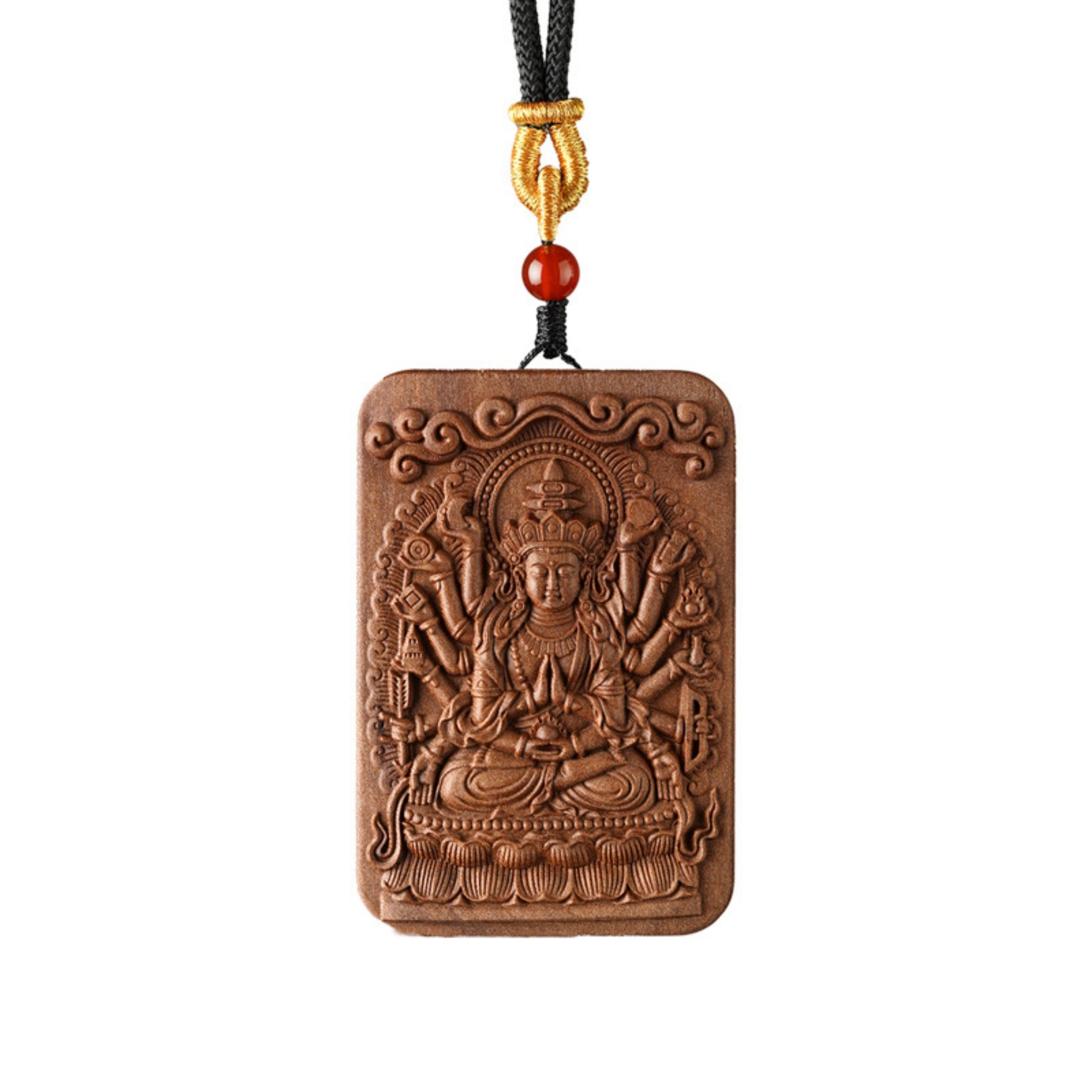 QiLing Aura Sandalwood Hand-Carved Thousand-Armed Guanyin Buddha Pendant Necklace