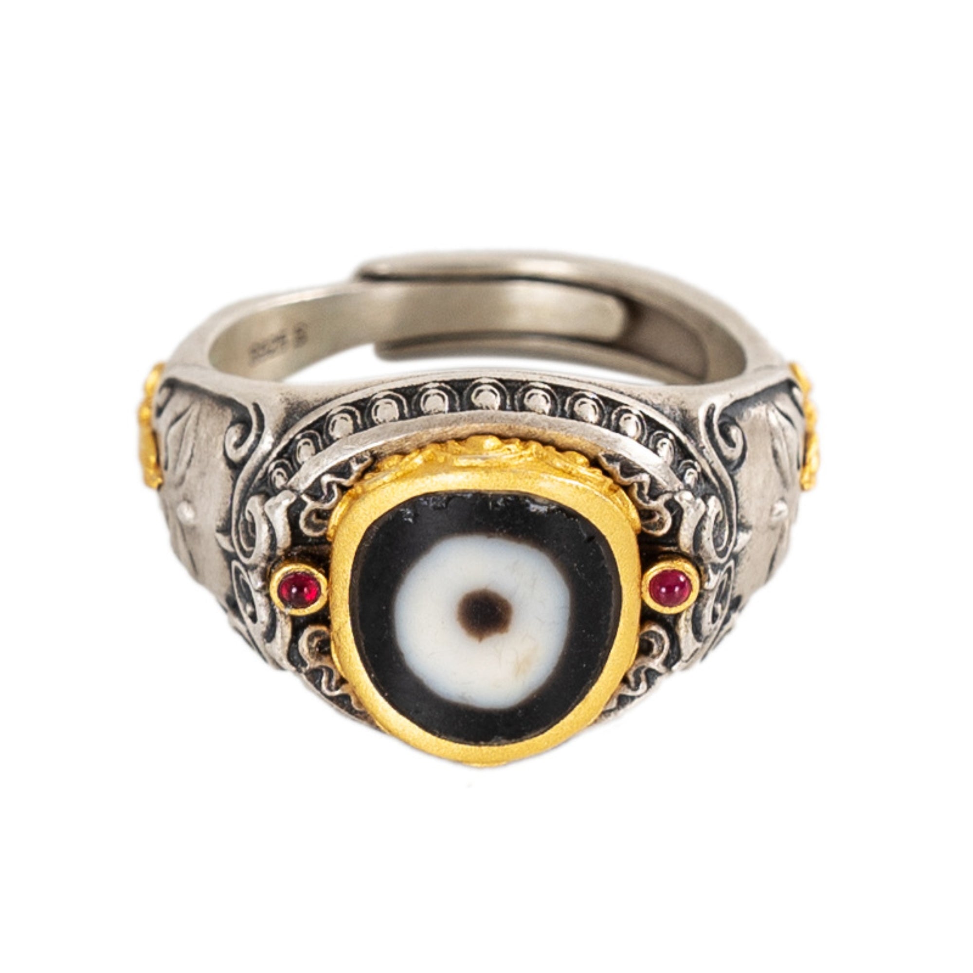 Tibetan Manjushri Dzi Bead Sterling Silver Adjustable Ring