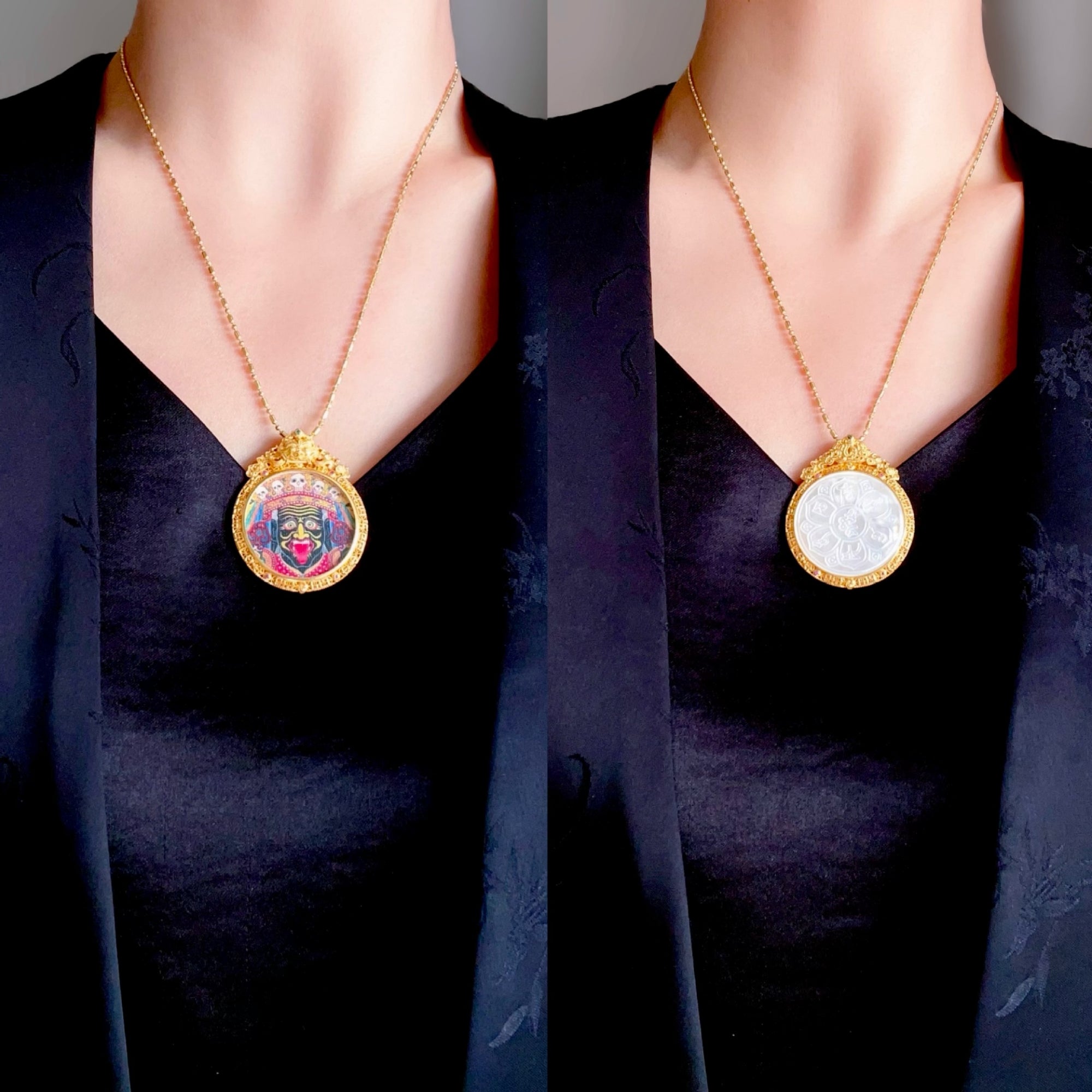 Tibetan Hand-Painted Zakiram Thangka Pendant Necklace with Silver & Mother-of-Pearl