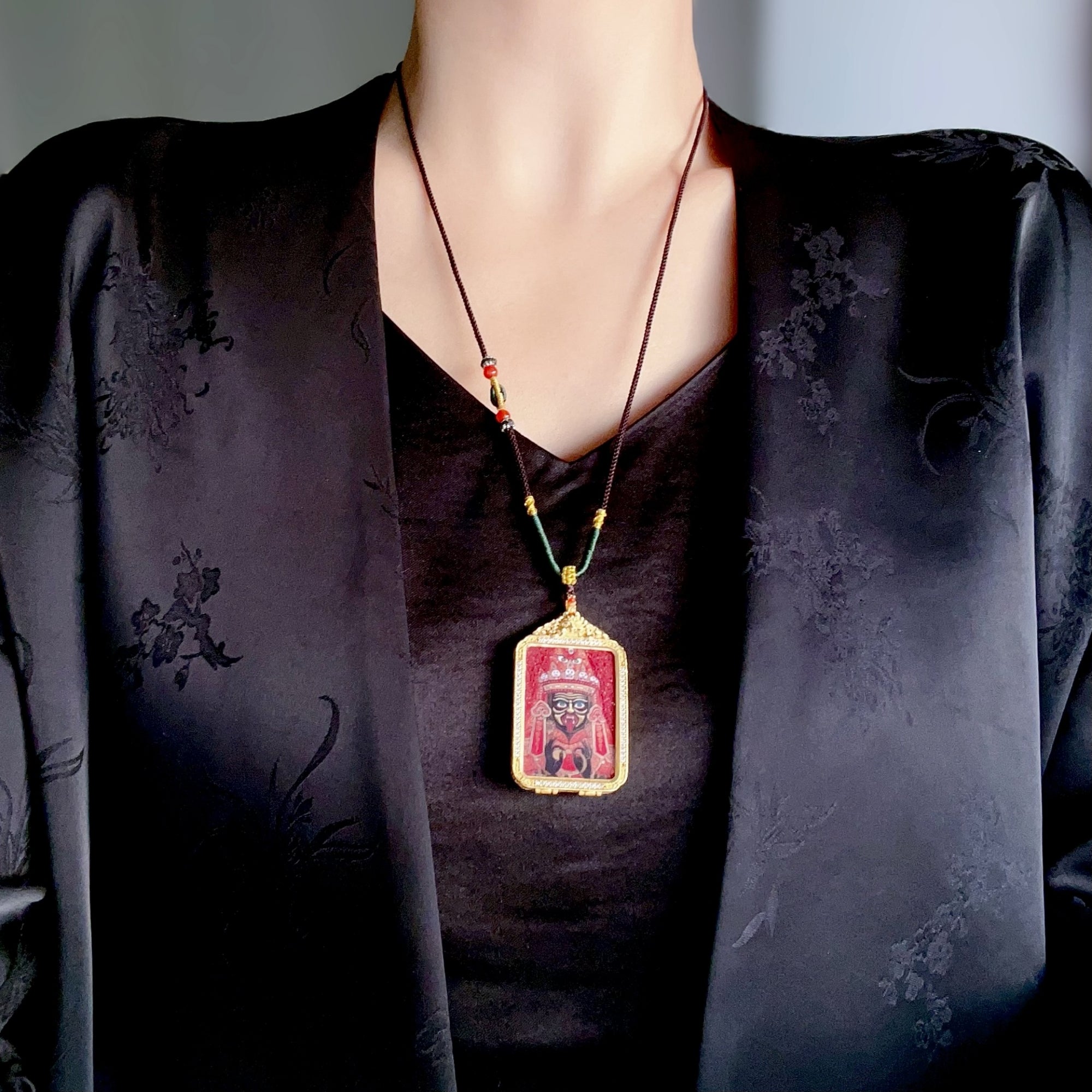 Tibetan Double-Sided Zakiram & Green Tara Thangka Pendant Necklace