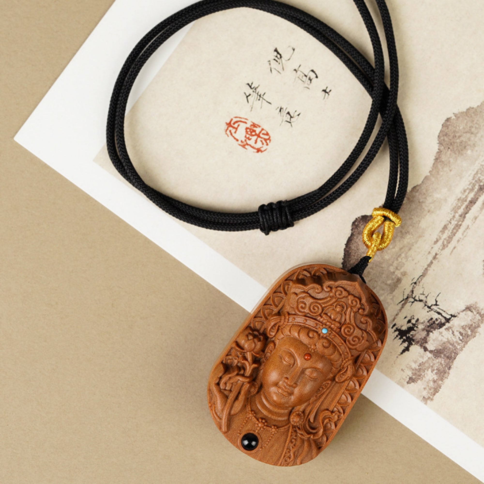 QiLing Aura Hand-Carved Sandalwood Guanyin Buddha Pendant Necklace