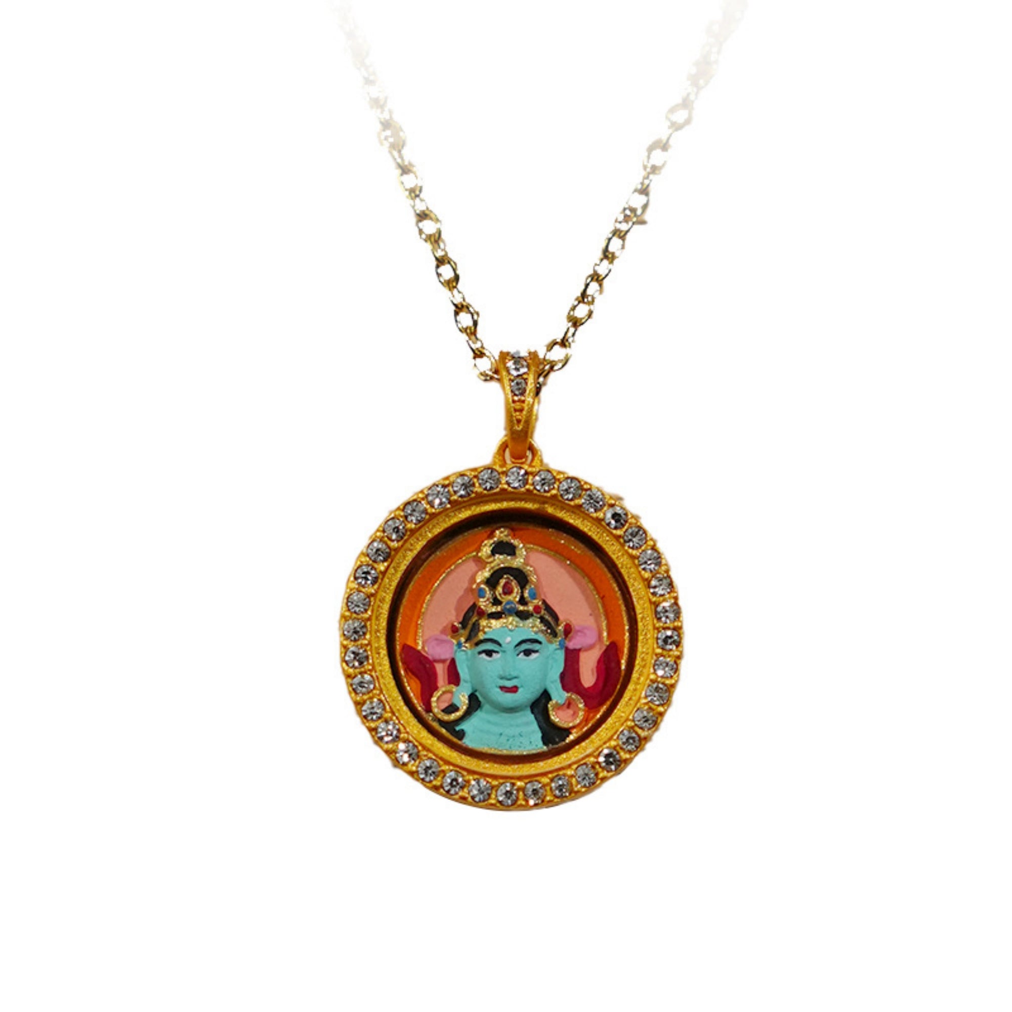 QiLing Aura Modern Style Round Green Tara Thangka Pendant Necklace