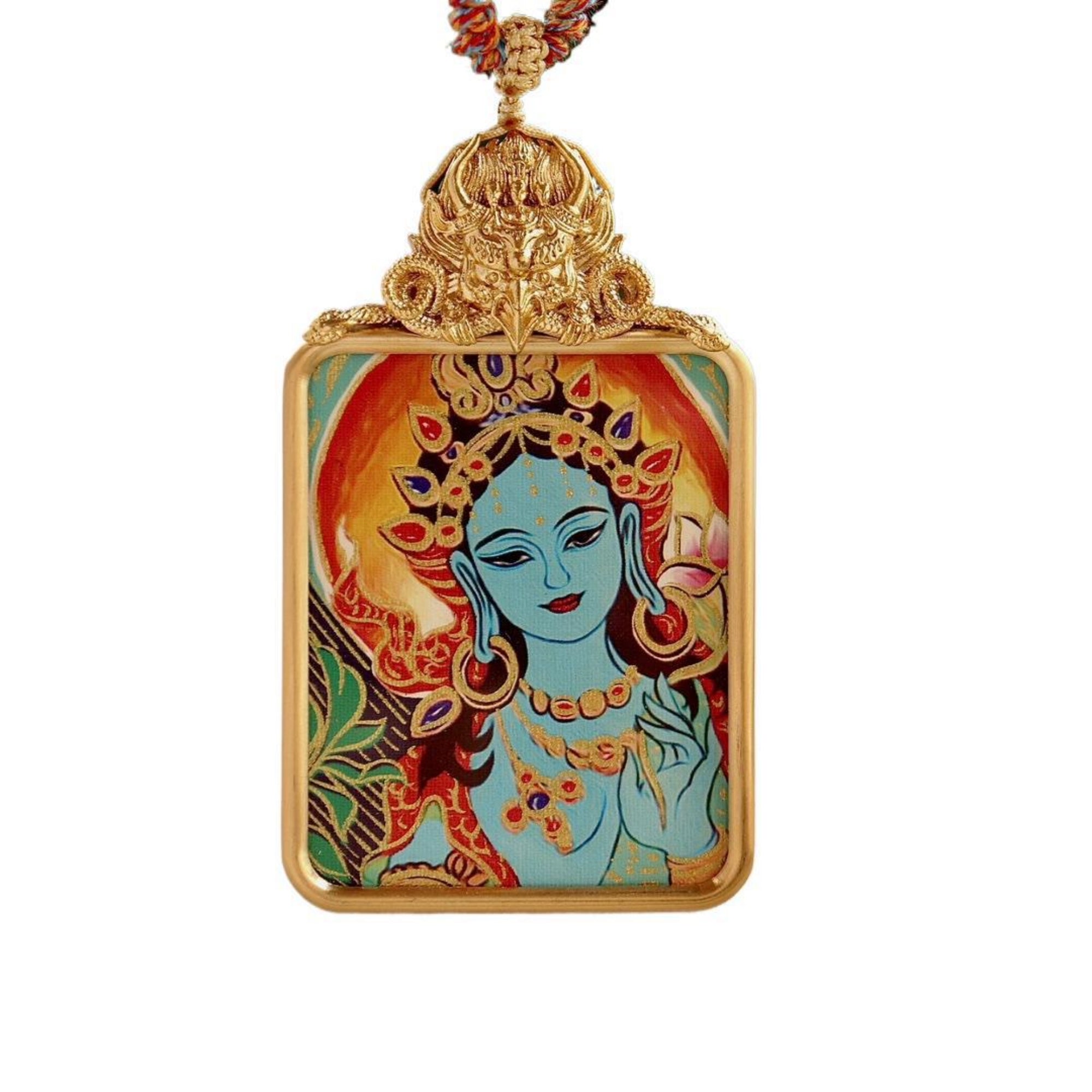 Tibetan Hand-Painted Green Tara Thangka Pendant Necklace with Potala Palace Design