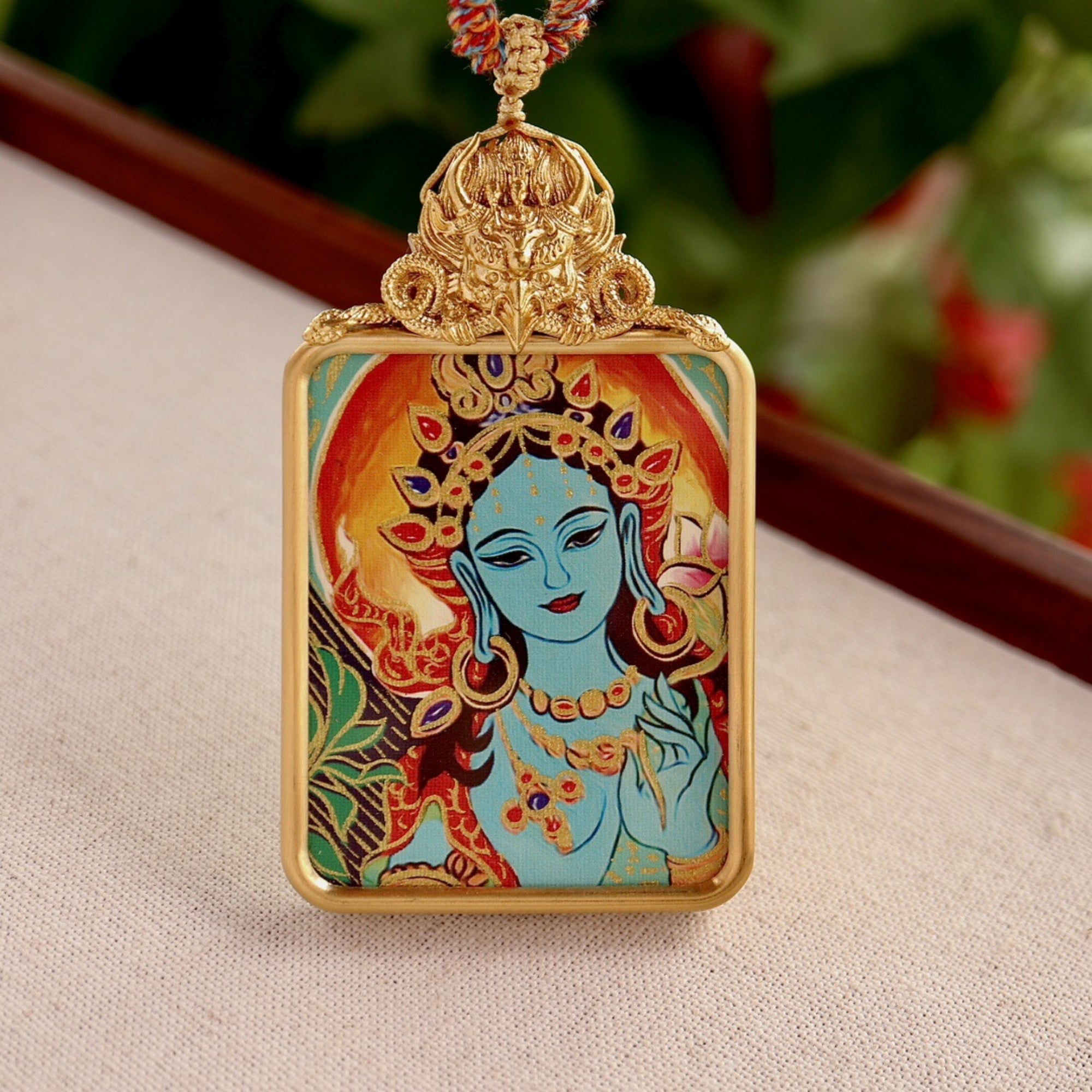 Tibetan Hand-Painted Green Tara Thangka Pendant Necklace with Potala P