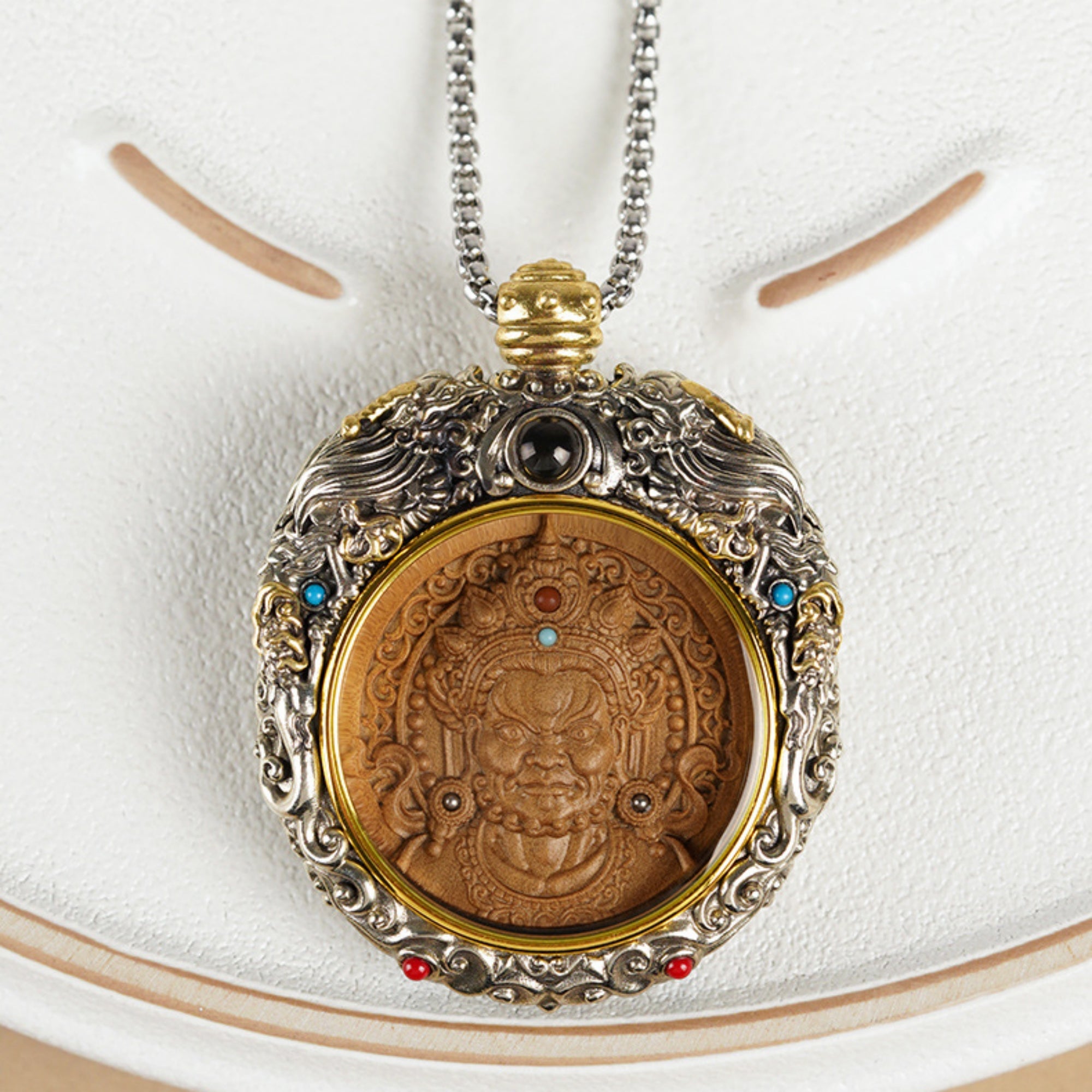 QiLing Aura Hand-Carved White Copper and Tibetan Silver Sandalwood Buddhist Pendant