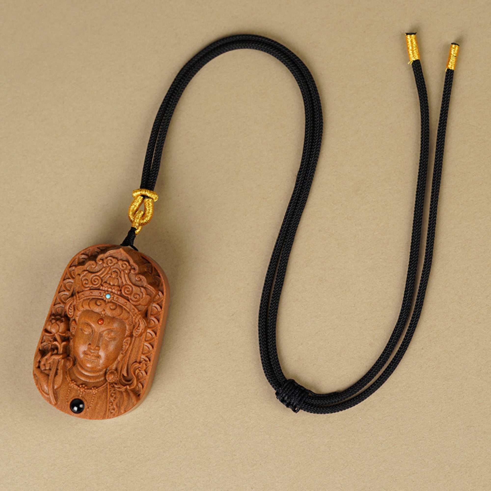 QiLing Aura Hand-Carved Sandalwood Guanyin Buddha Pendant Necklace