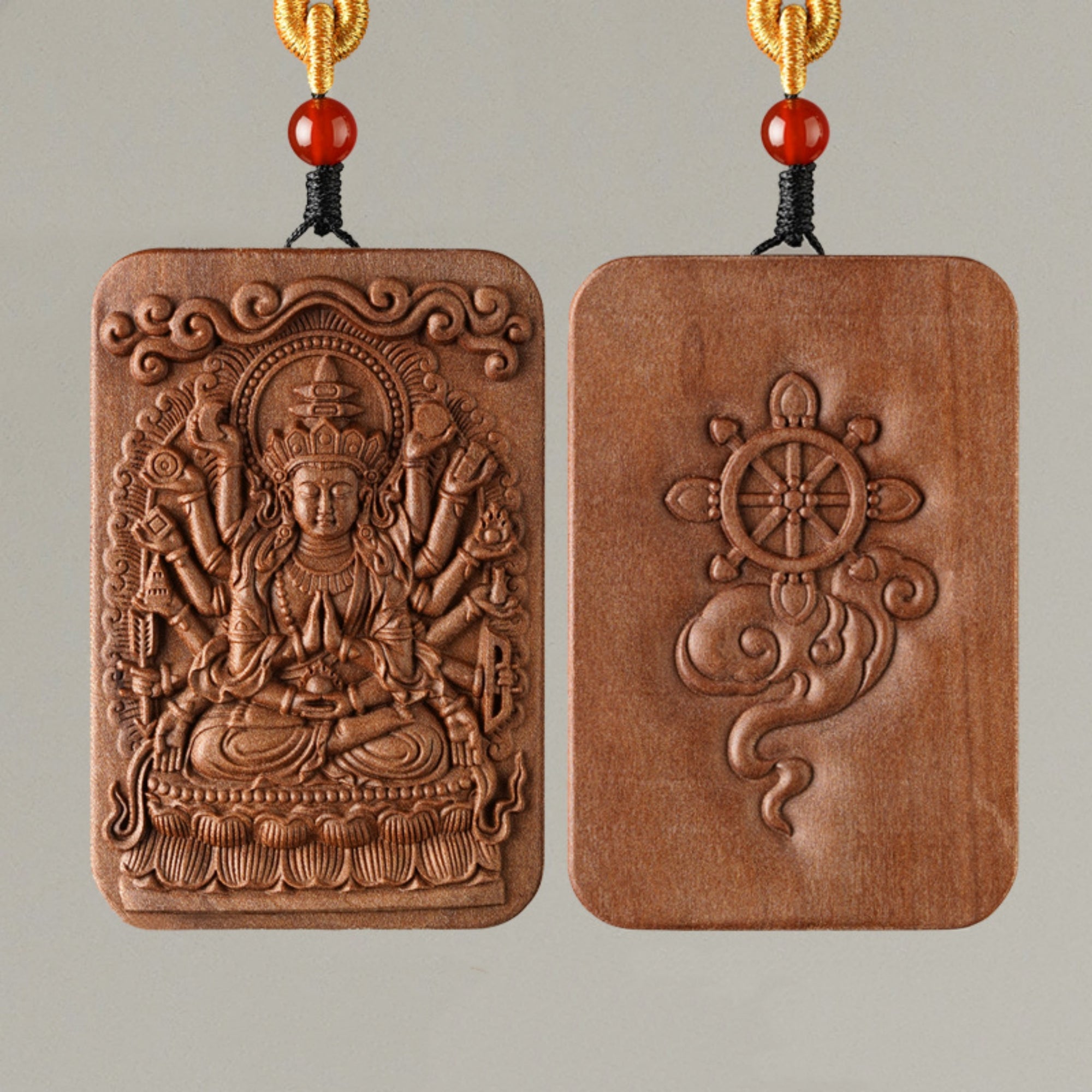 QiLing Aura Sandalwood Hand-Carved Thousand-Armed Guanyin Buddha Pendant Necklace
