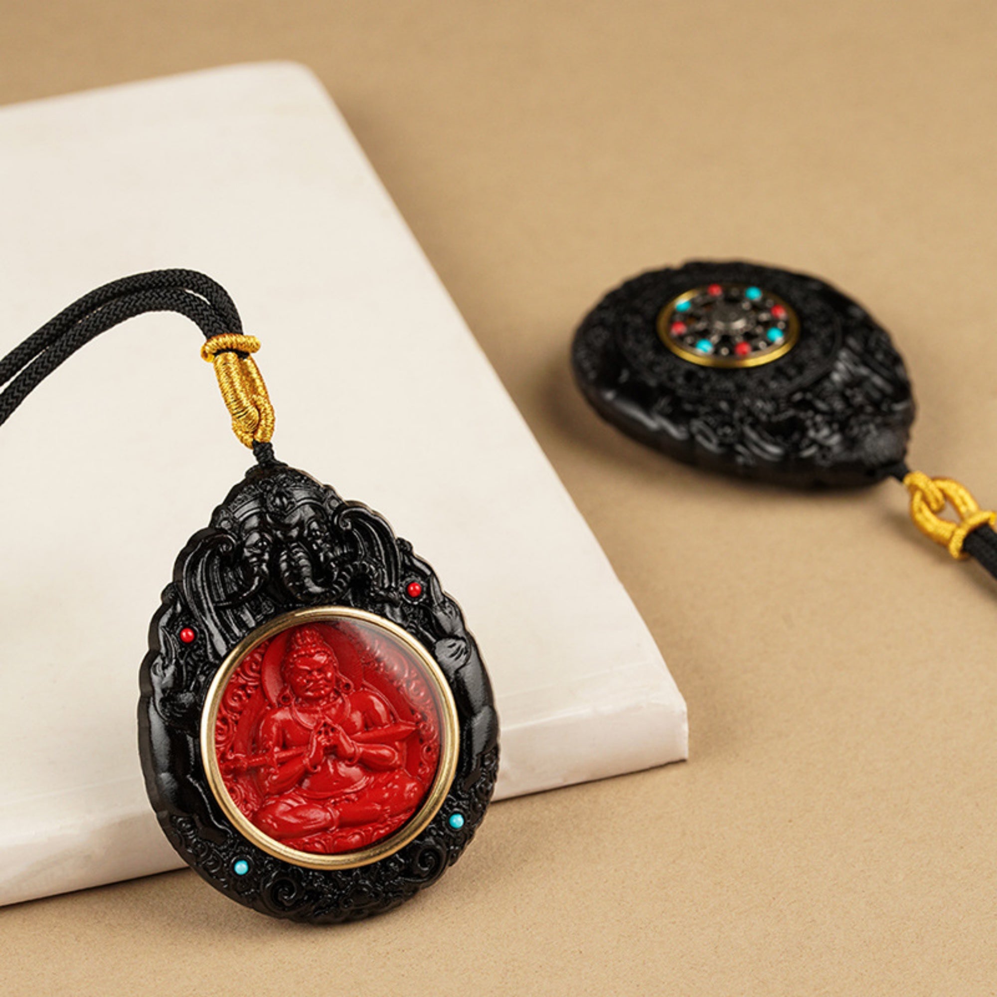 QiLing Aura Hand-Carved Black Sandalwood and Cinnabar Guardian Buddha Pendant Necklace