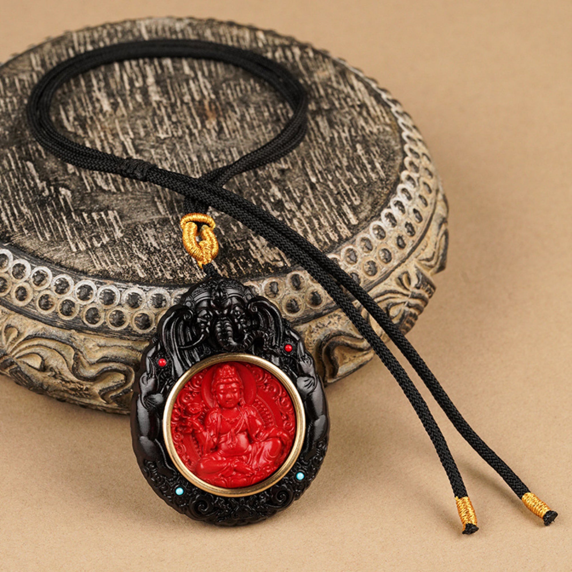 QiLing Aura Hand-Carved Black Sandalwood and Cinnabar Guardian Buddha Pendant Necklace