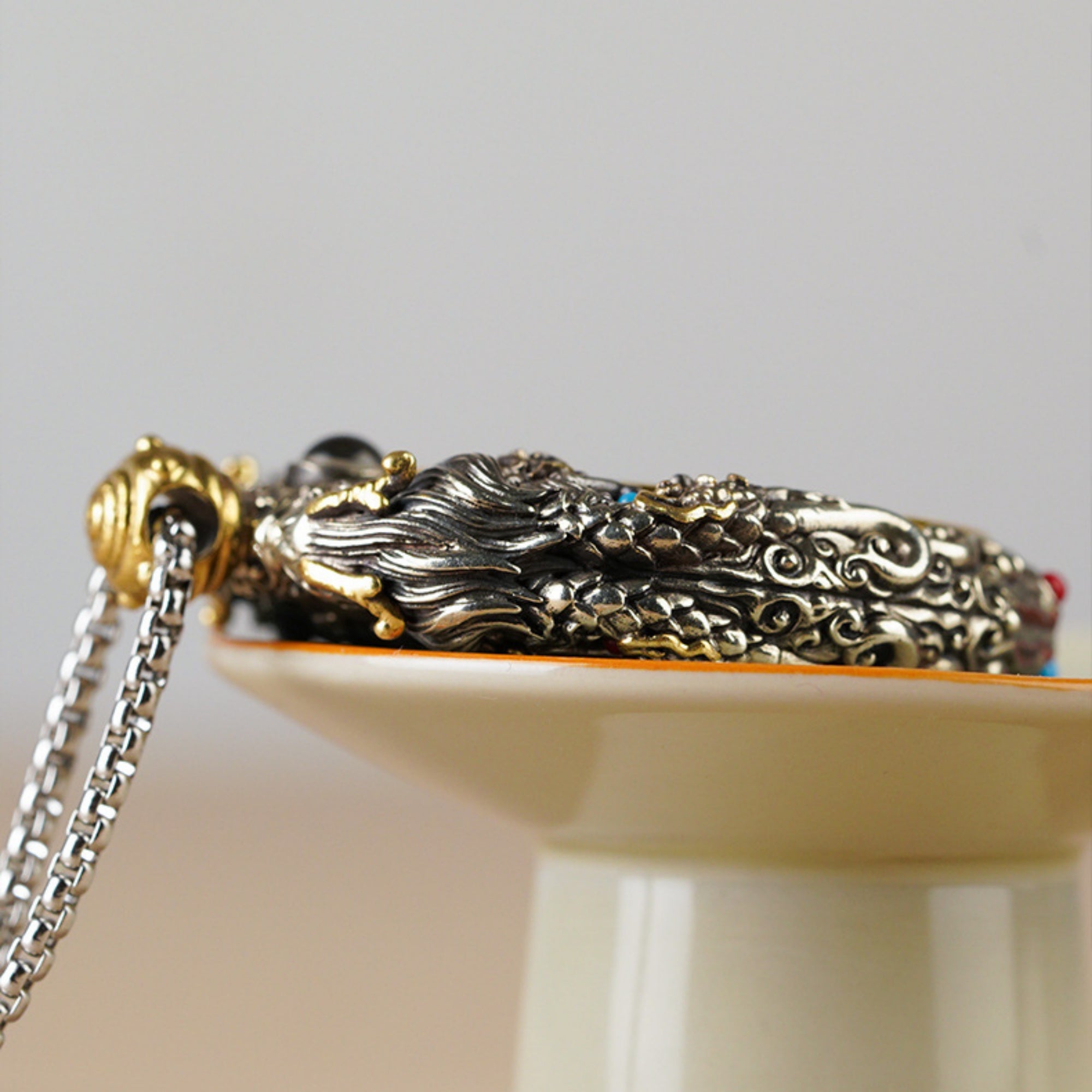 QiLing Aura Hand-Carved White Copper and Tibetan Silver Sandalwood Buddhist Pendant