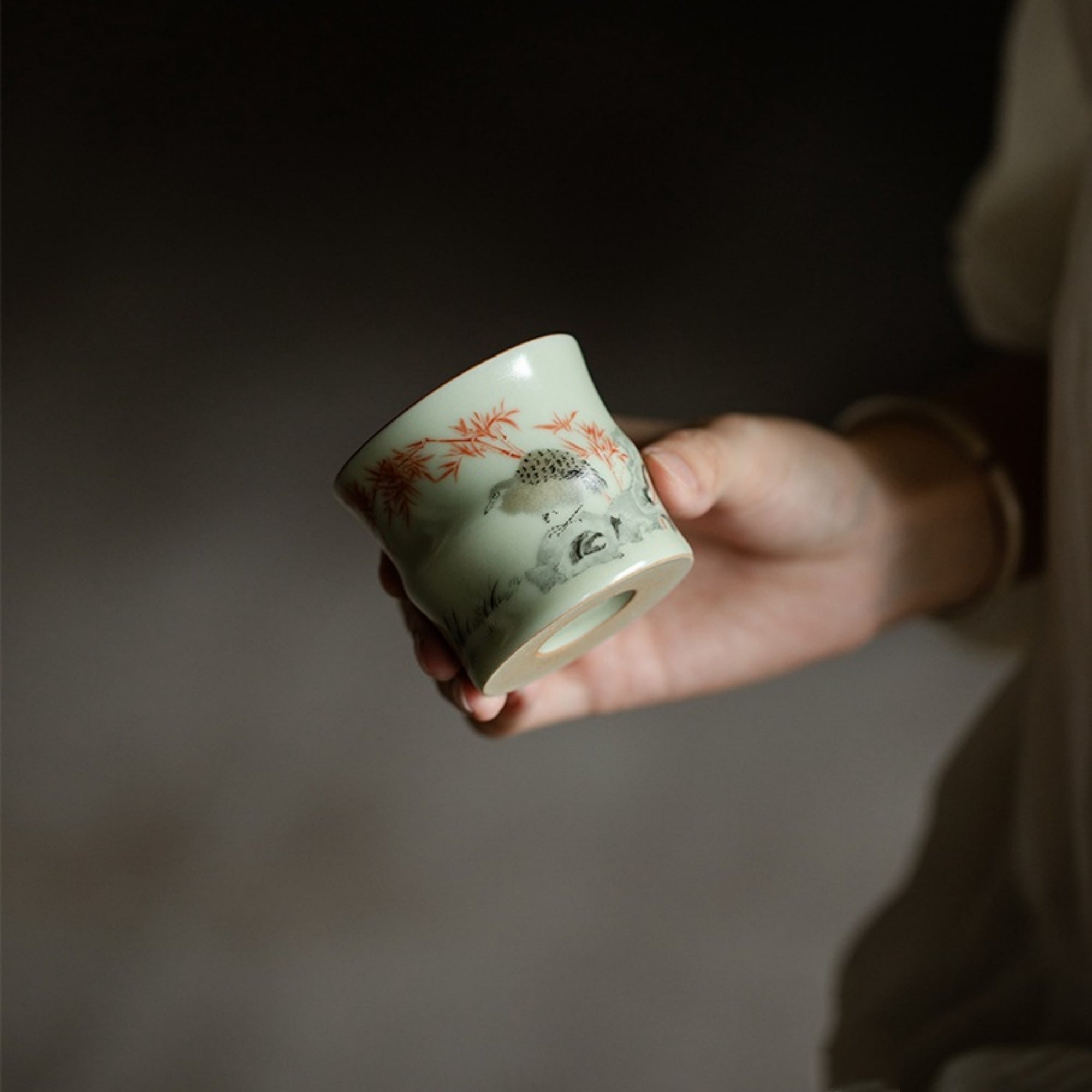 QiLing Aura Handmade Bamboo-Shaped Ru Kiln Ceramic Tea Cup