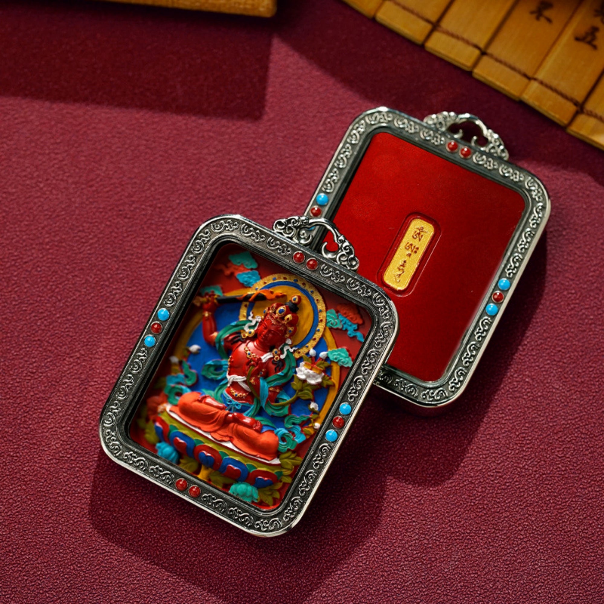 QiLing Aura Hand-Painted White Copper Tibetan Buddhist Pendant Necklace with Cinnabar