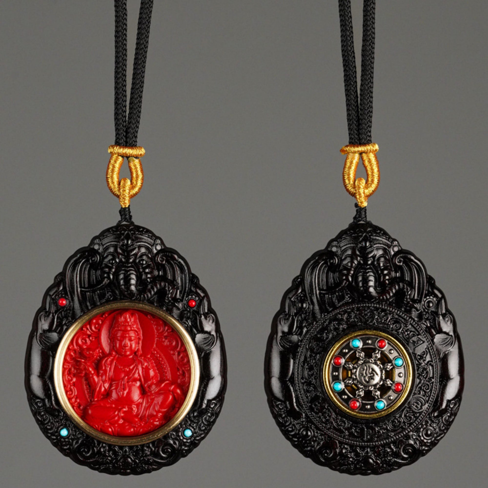 QiLing Aura Hand-Carved Black Sandalwood and Cinnabar Guardian Buddha Pendant Necklace