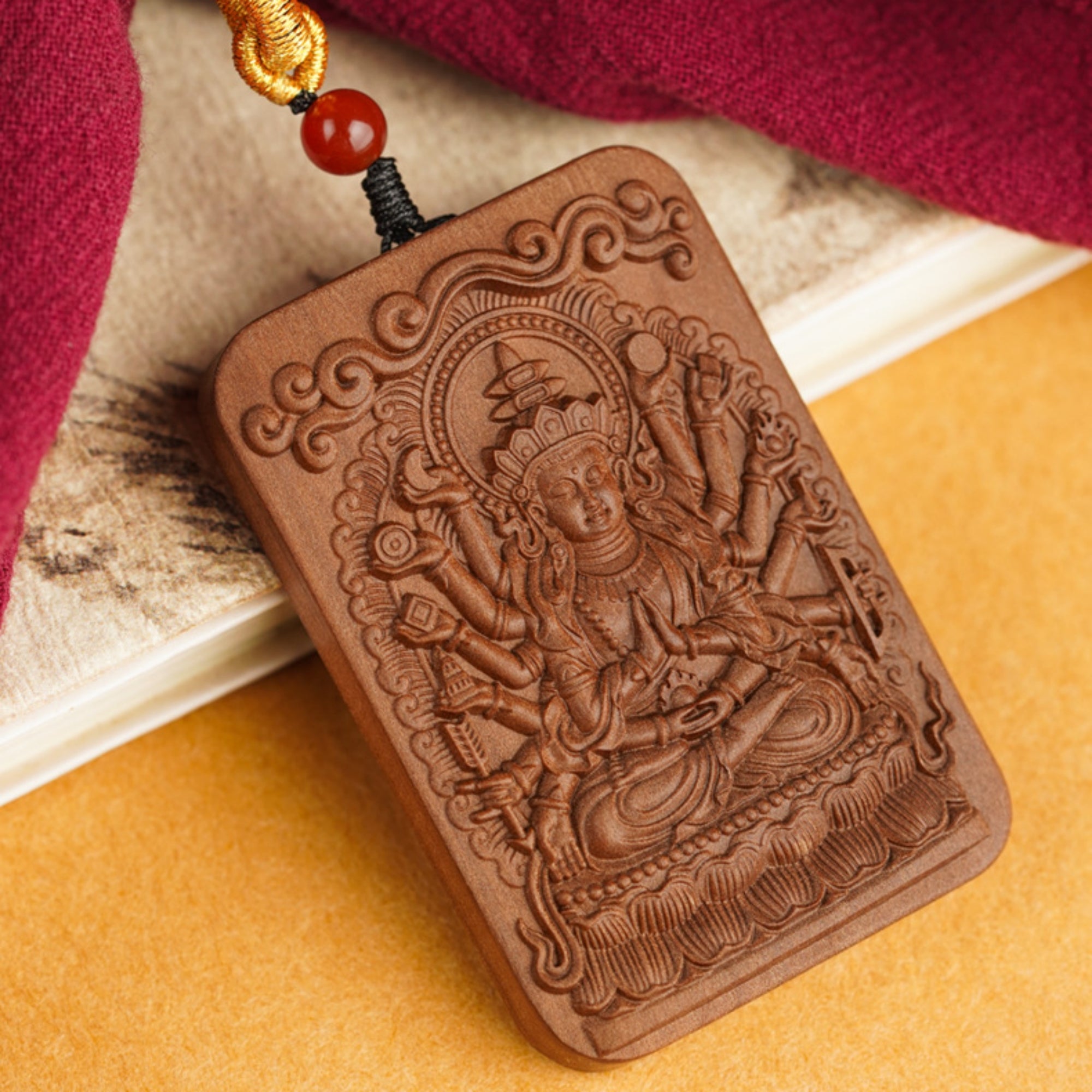 QiLing Aura Sandalwood Hand-Carved Thousand-Armed Guanyin Buddha Pendant Necklace